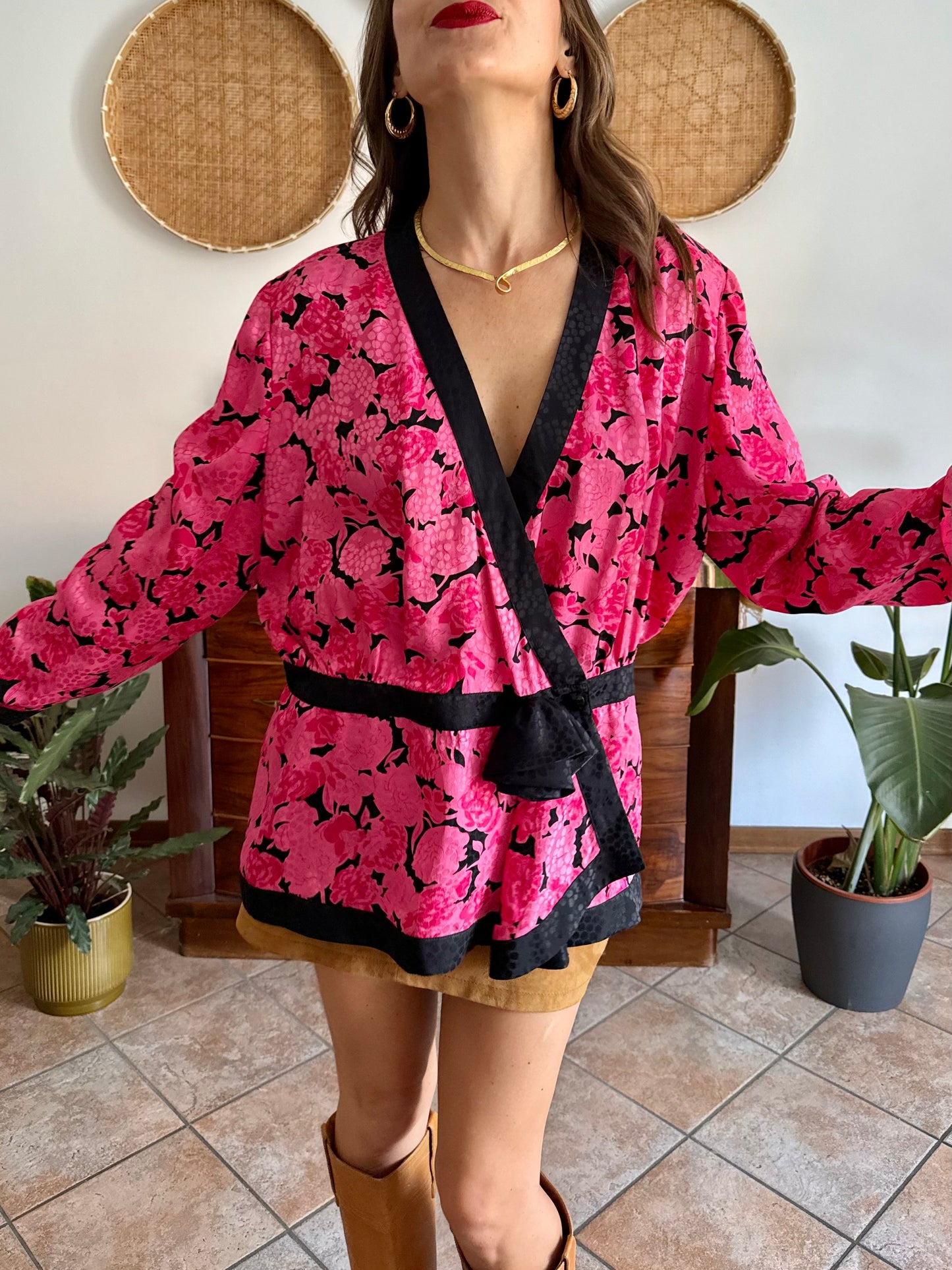 1980's vintage silk fuchsia and black floral peplum blouse with rosette details
