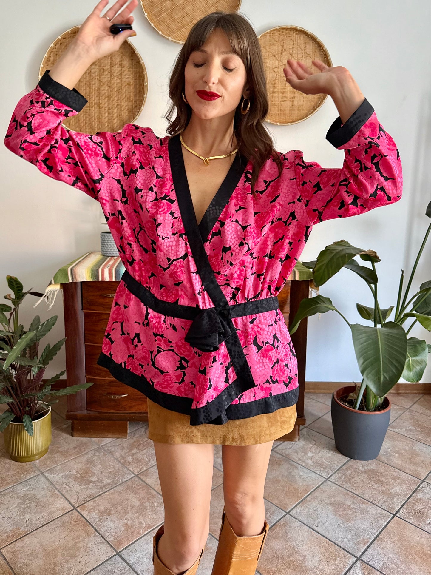 1980's vintage silk fuchsia and black floral peplum blouse with rosette details