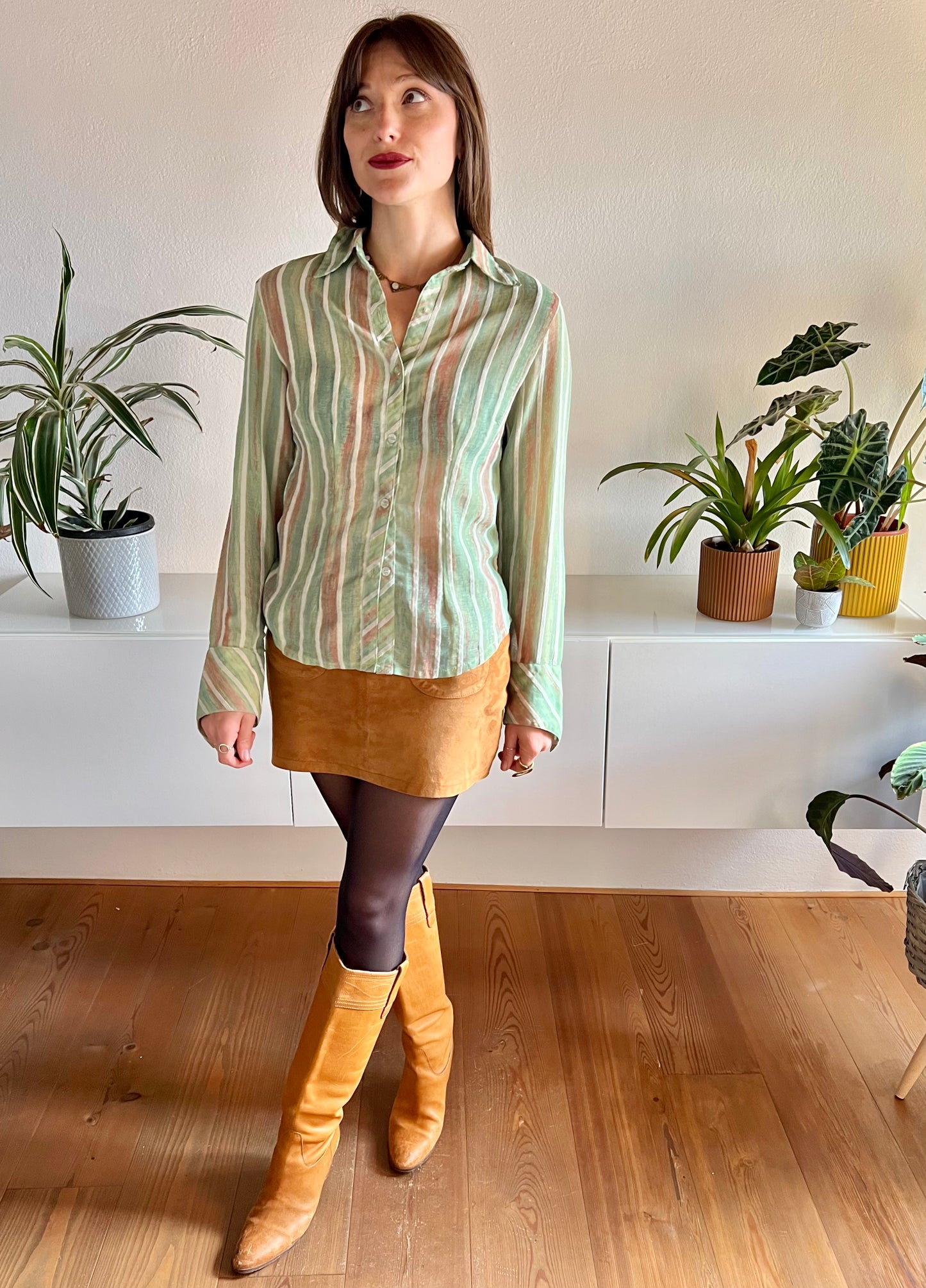1970's vintage green and tan semi sheer textured stripe blouse