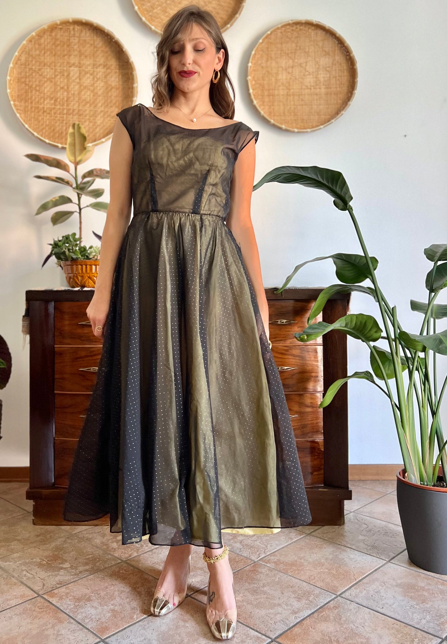 1950's custom made butter yellow and black tulle midi dress