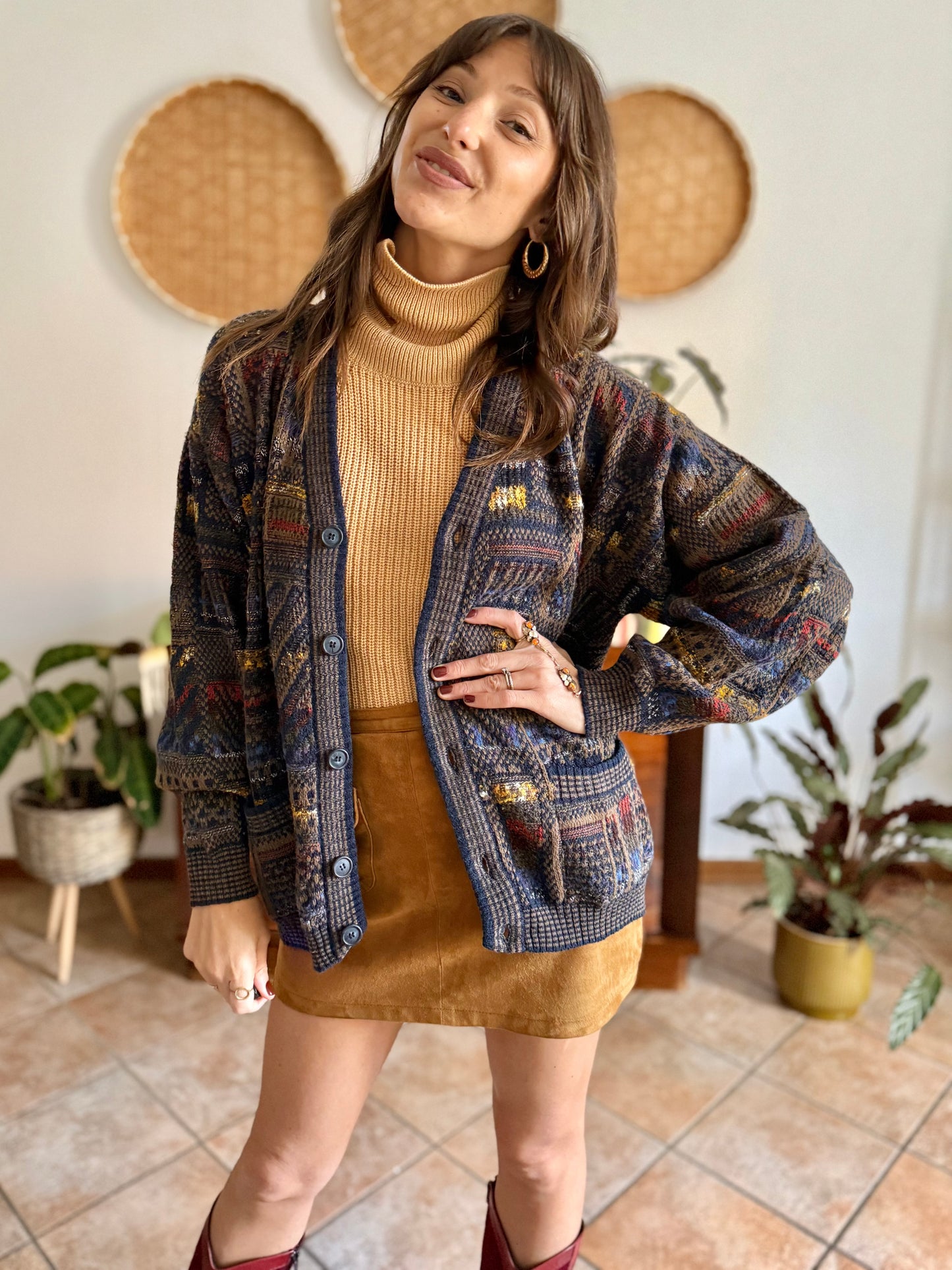 1970's vintage navy blue, chocolate brown and yellow geometric knit wool cardigan