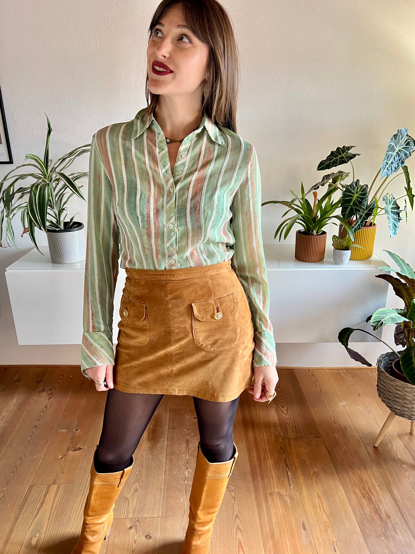 1970's vintage green and tan semi sheer textured stripe blouse