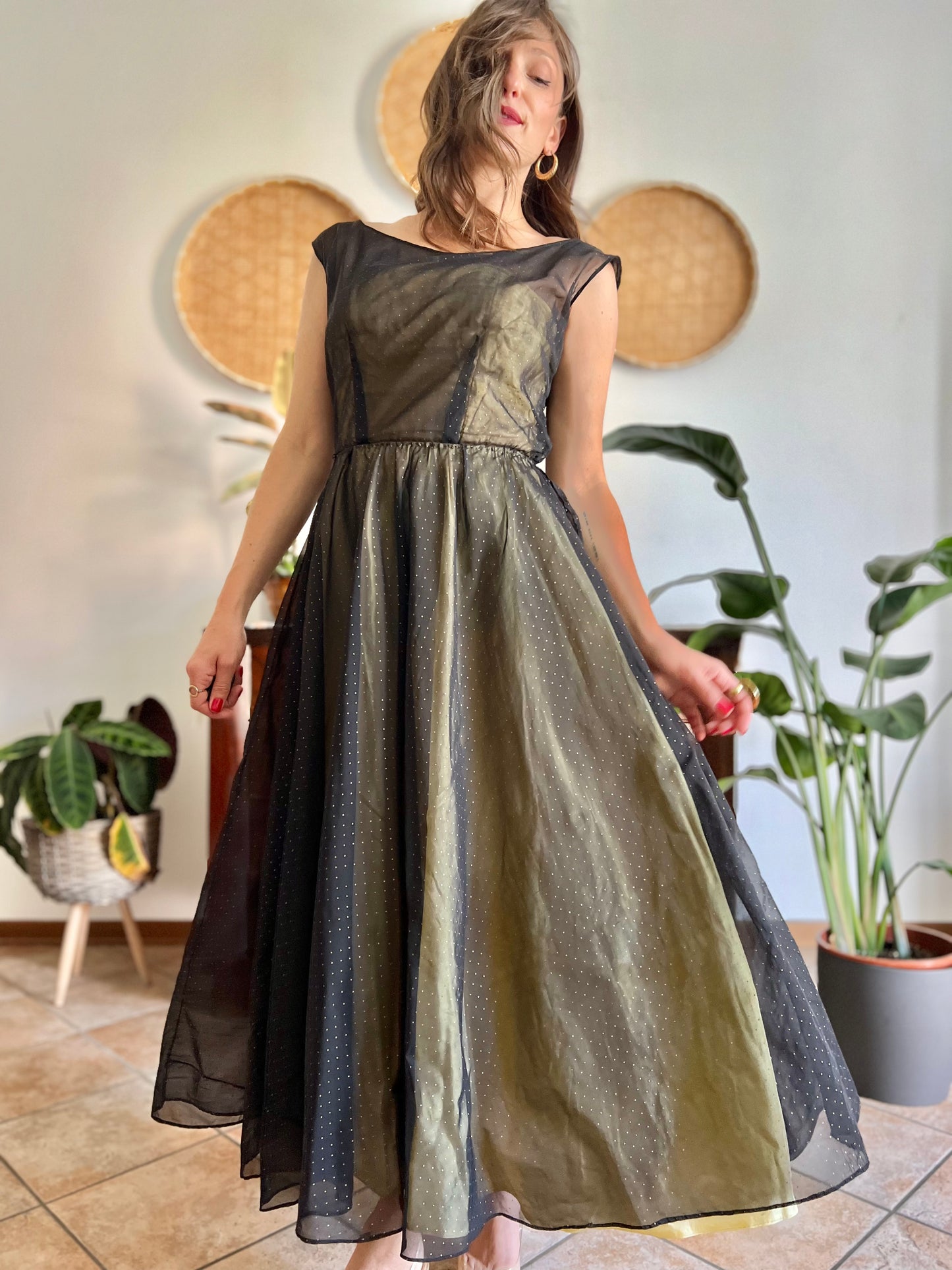 1950's custom made butter yellow and black tulle midi dress
