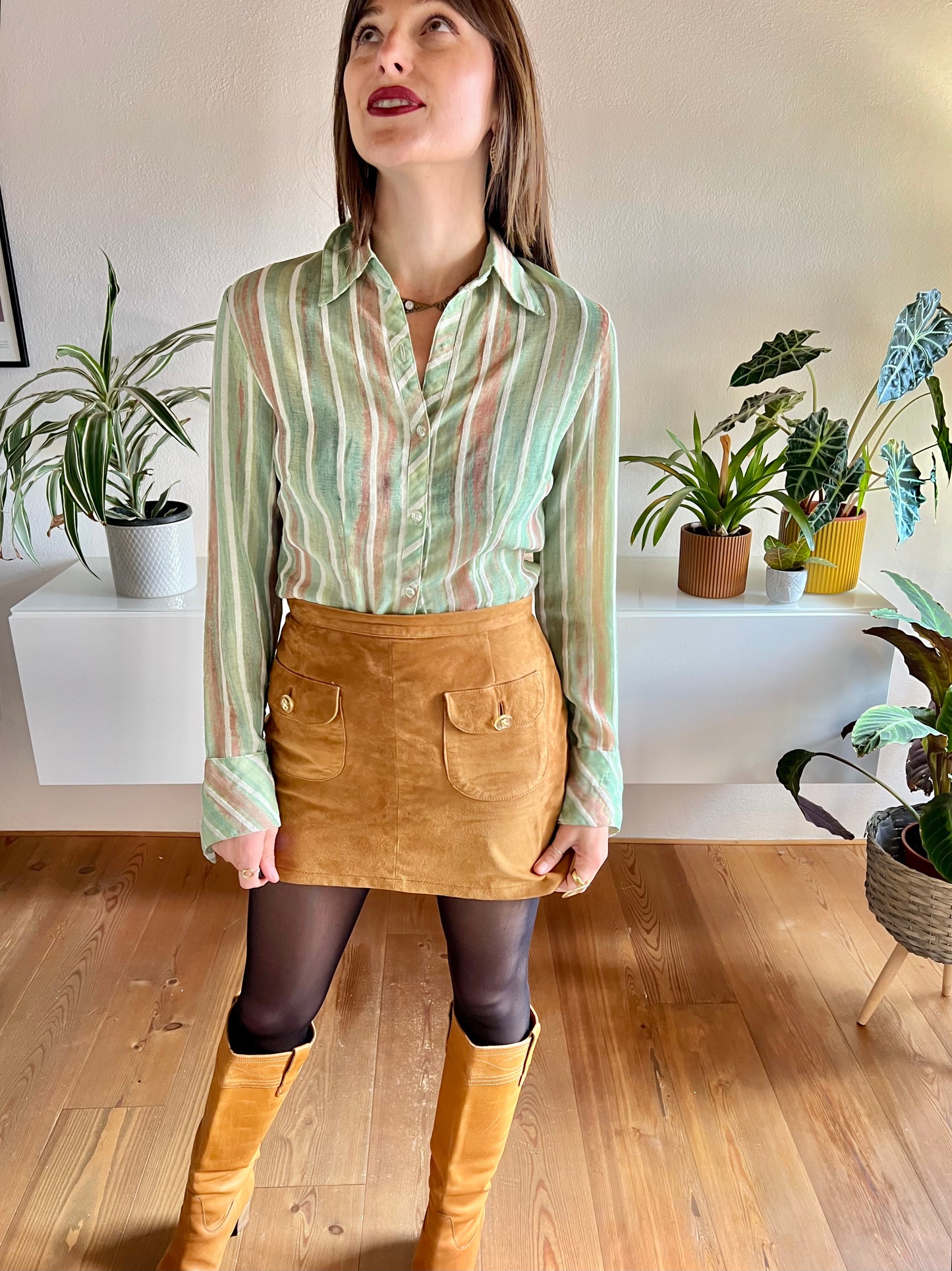 1970's vintage green and tan semi sheer textured stripe blouse