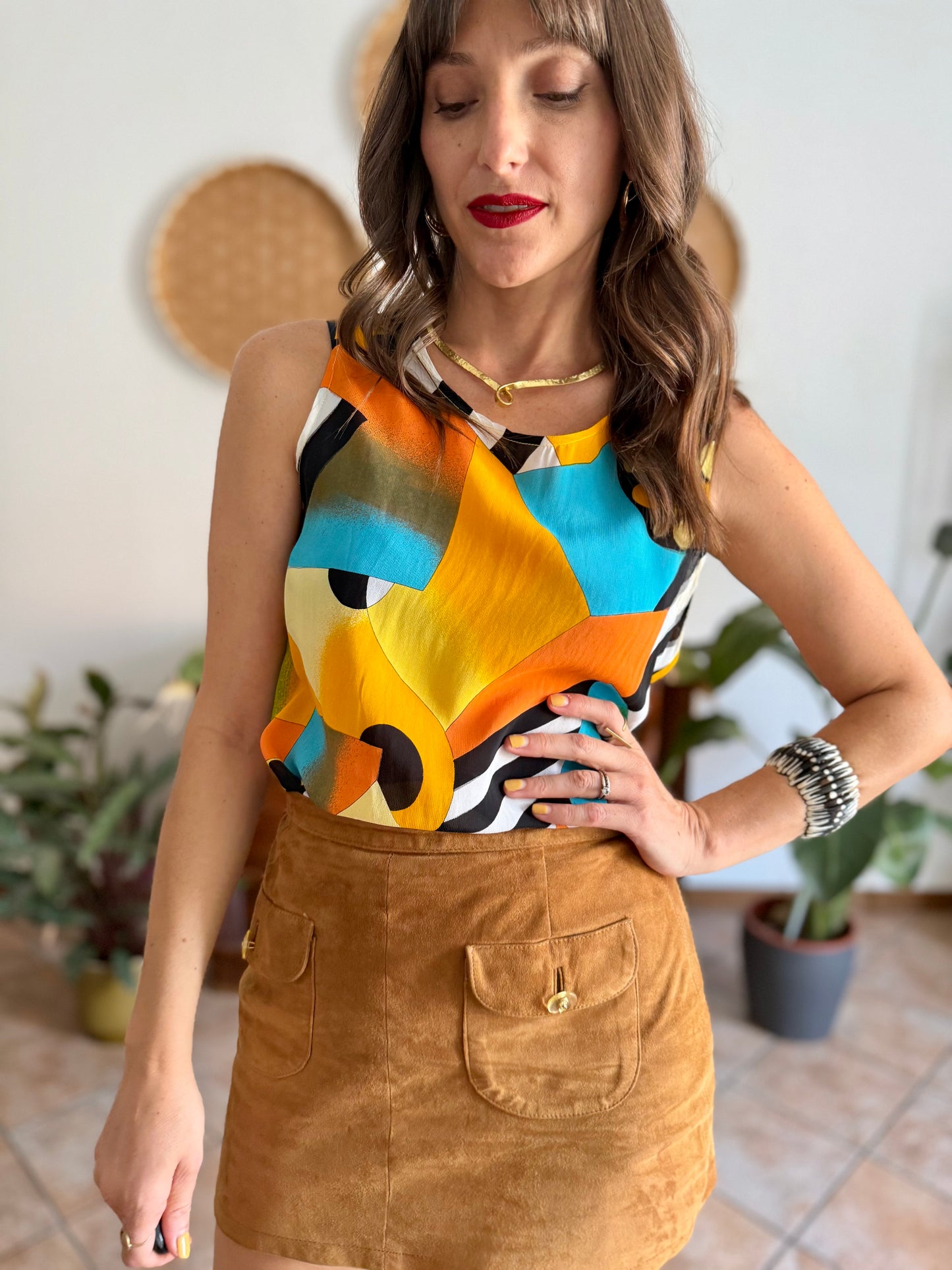 1970's vintage semi sheer yellow, orange and turquoise geometric print blouse