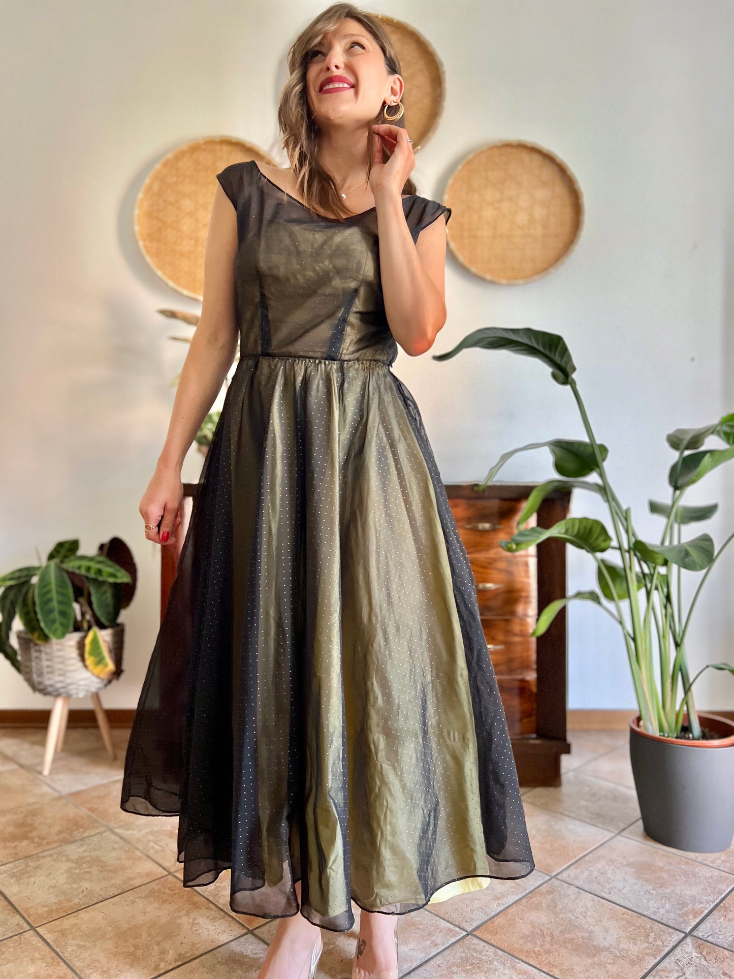 1950's custom made butter yellow and black tulle midi dress