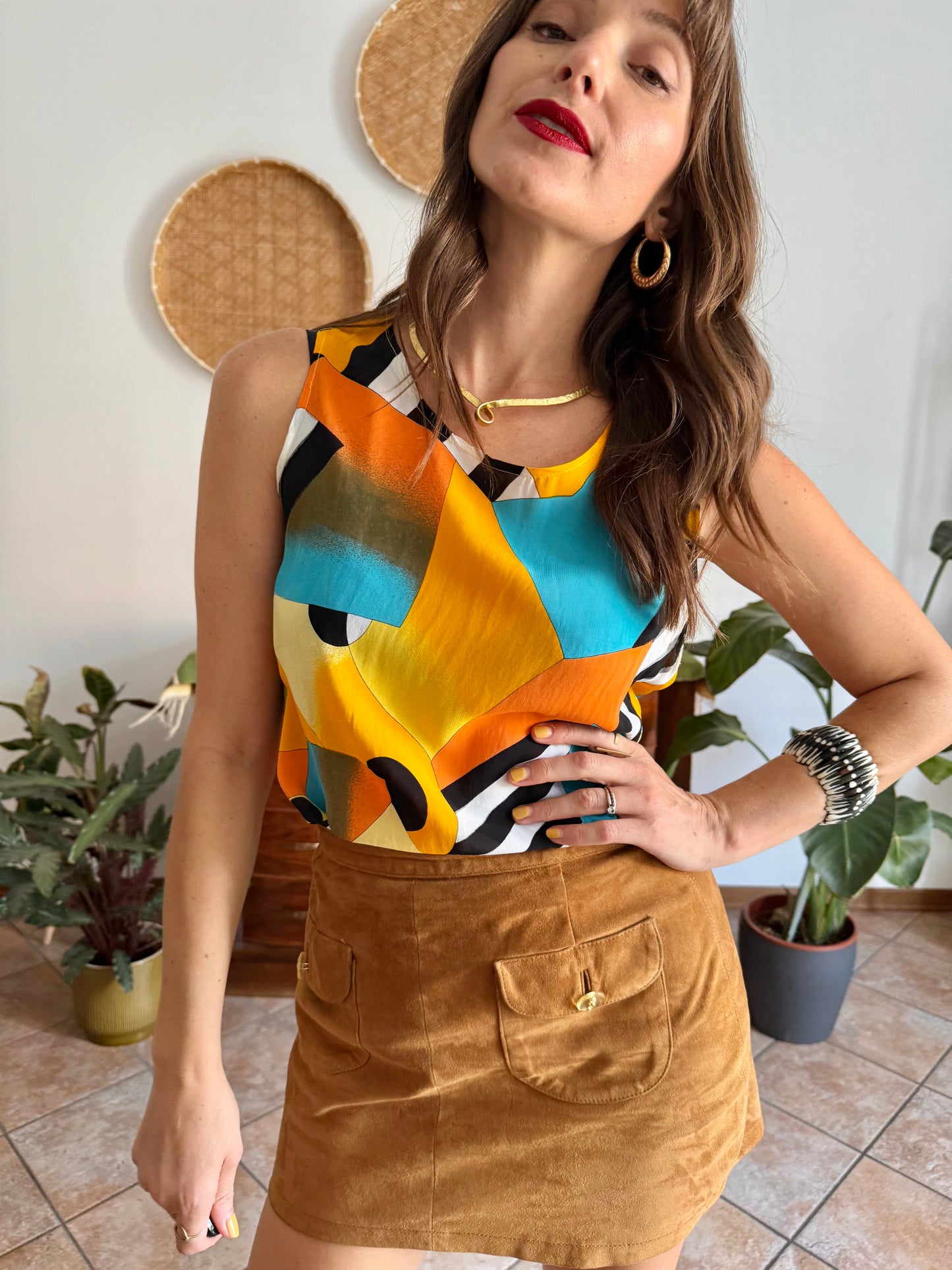 1970's vintage semi sheer yellow, orange and turquoise geometric print blouse