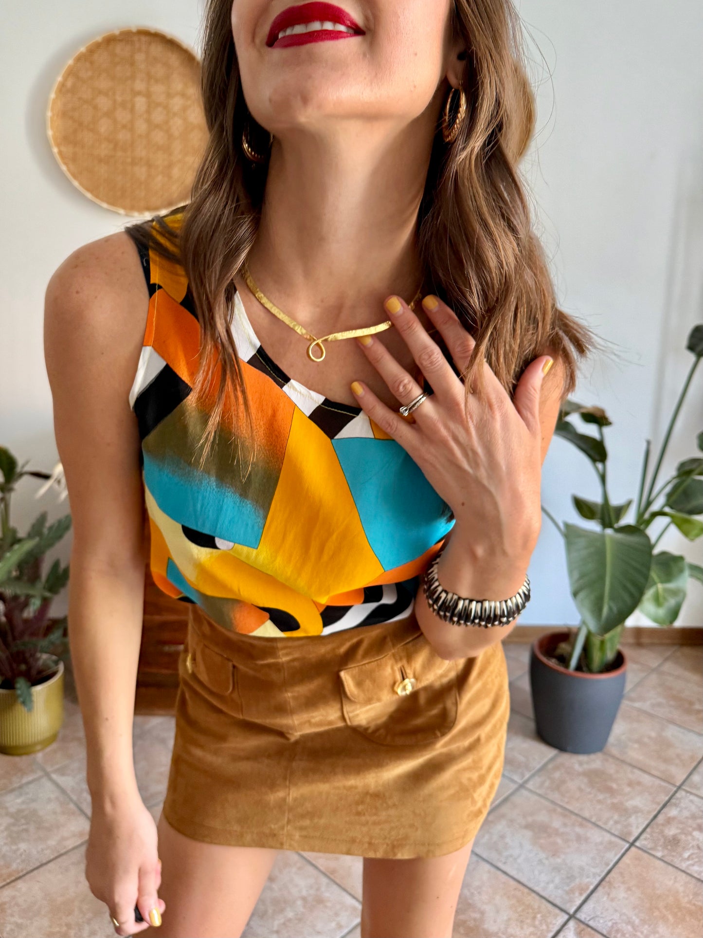 1970's vintage semi sheer yellow, orange and turquoise geometric print blouse