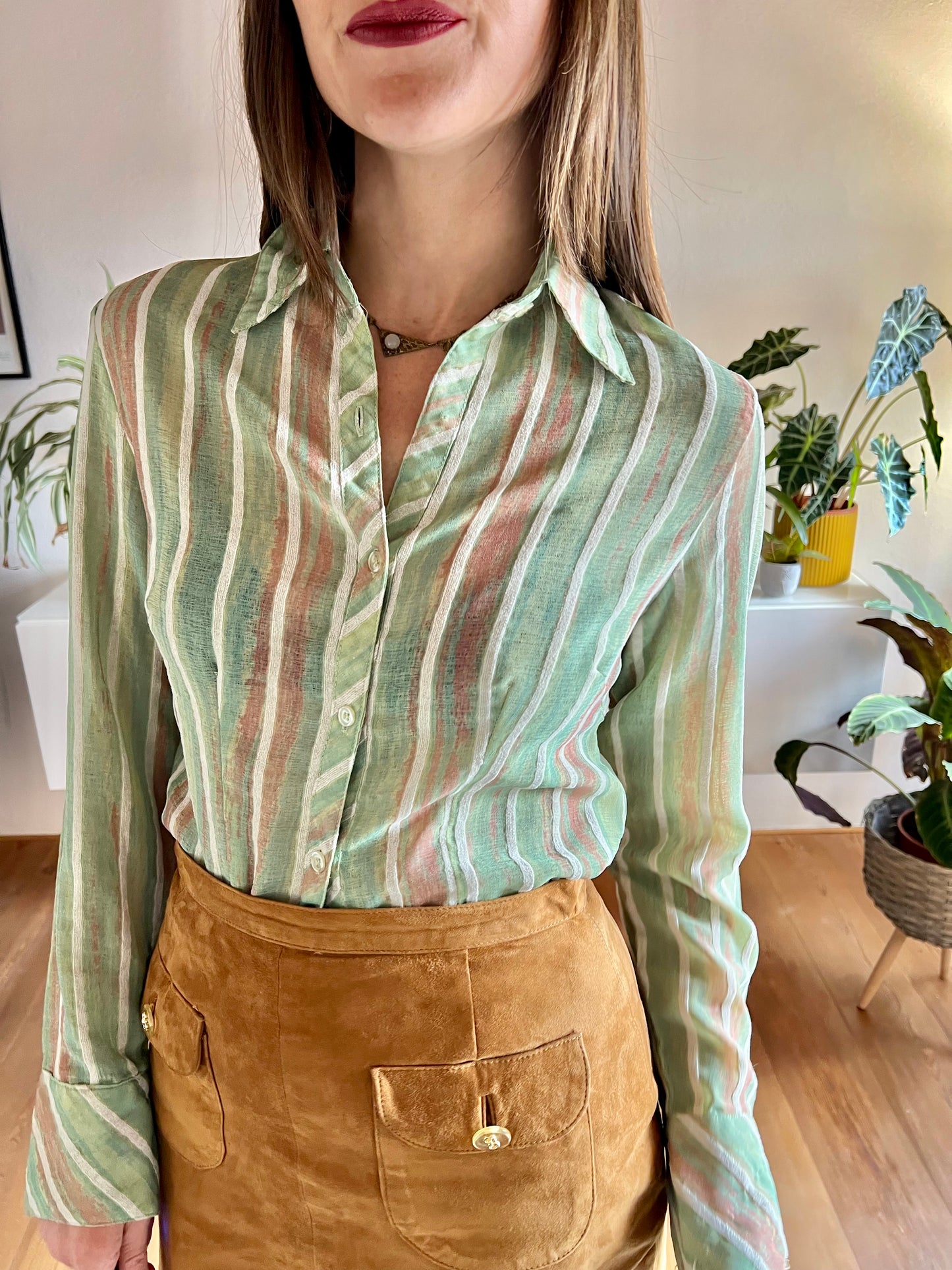 1970's vintage green and tan semi sheer textured stripe blouse