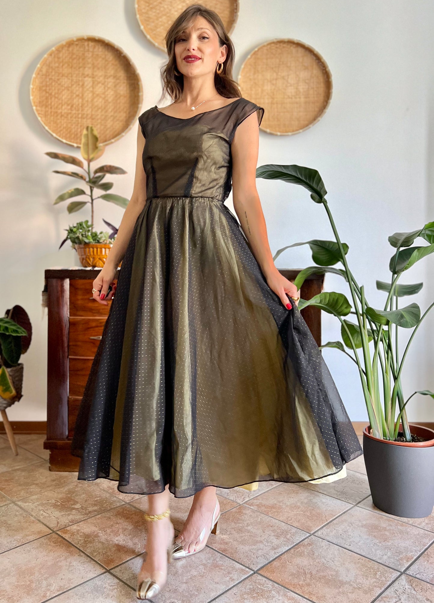 1950's custom made butter yellow and black tulle midi dress