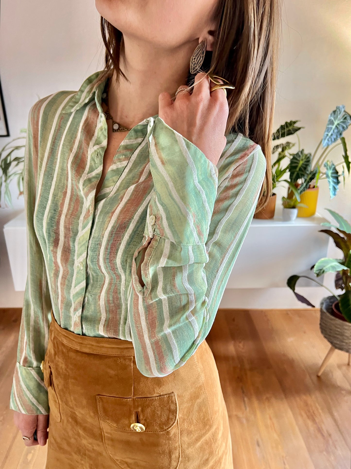 1970's vintage green and tan semi sheer textured stripe blouse