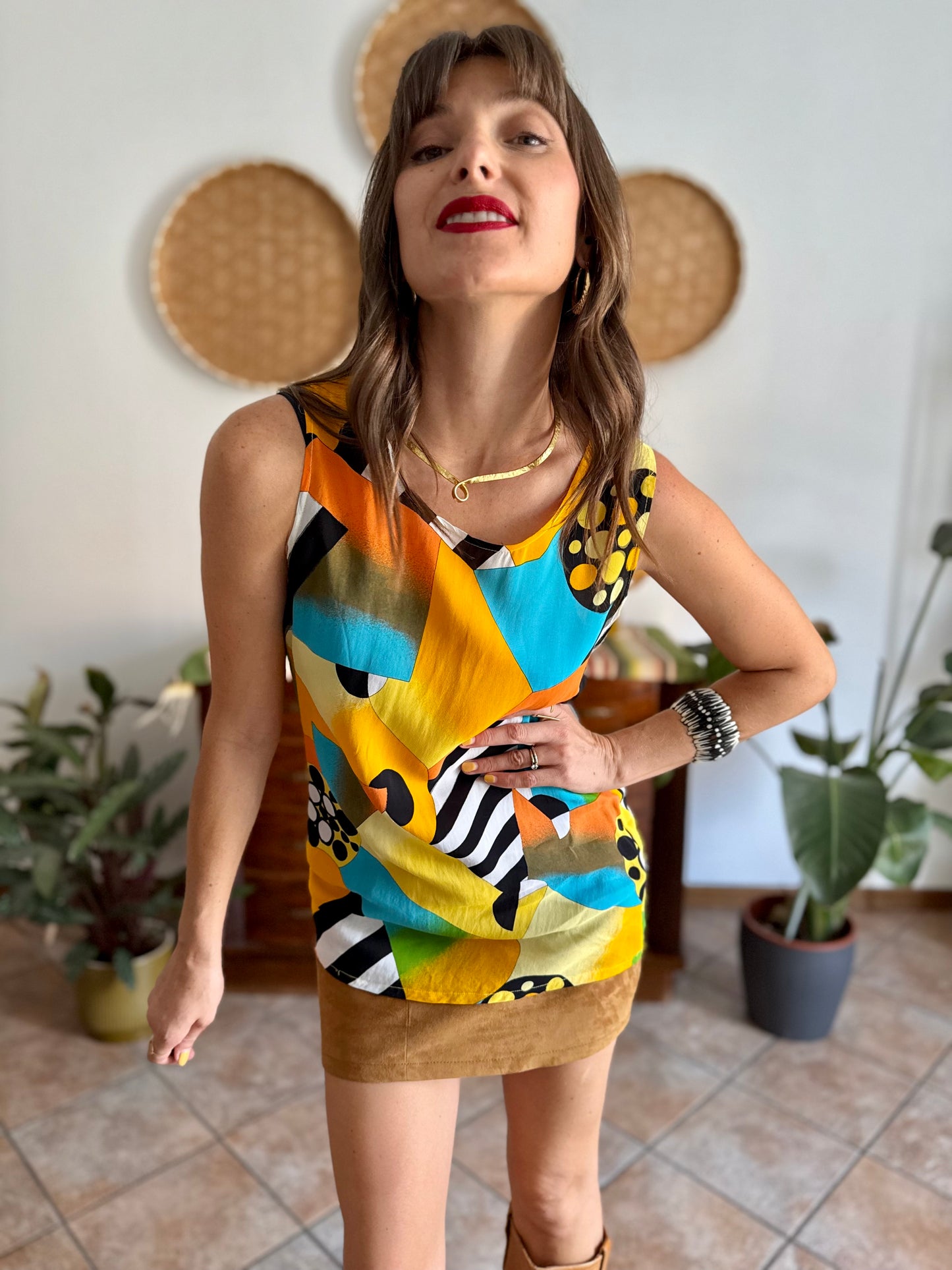 1970's vintage semi sheer yellow, orange and turquoise geometric print blouse