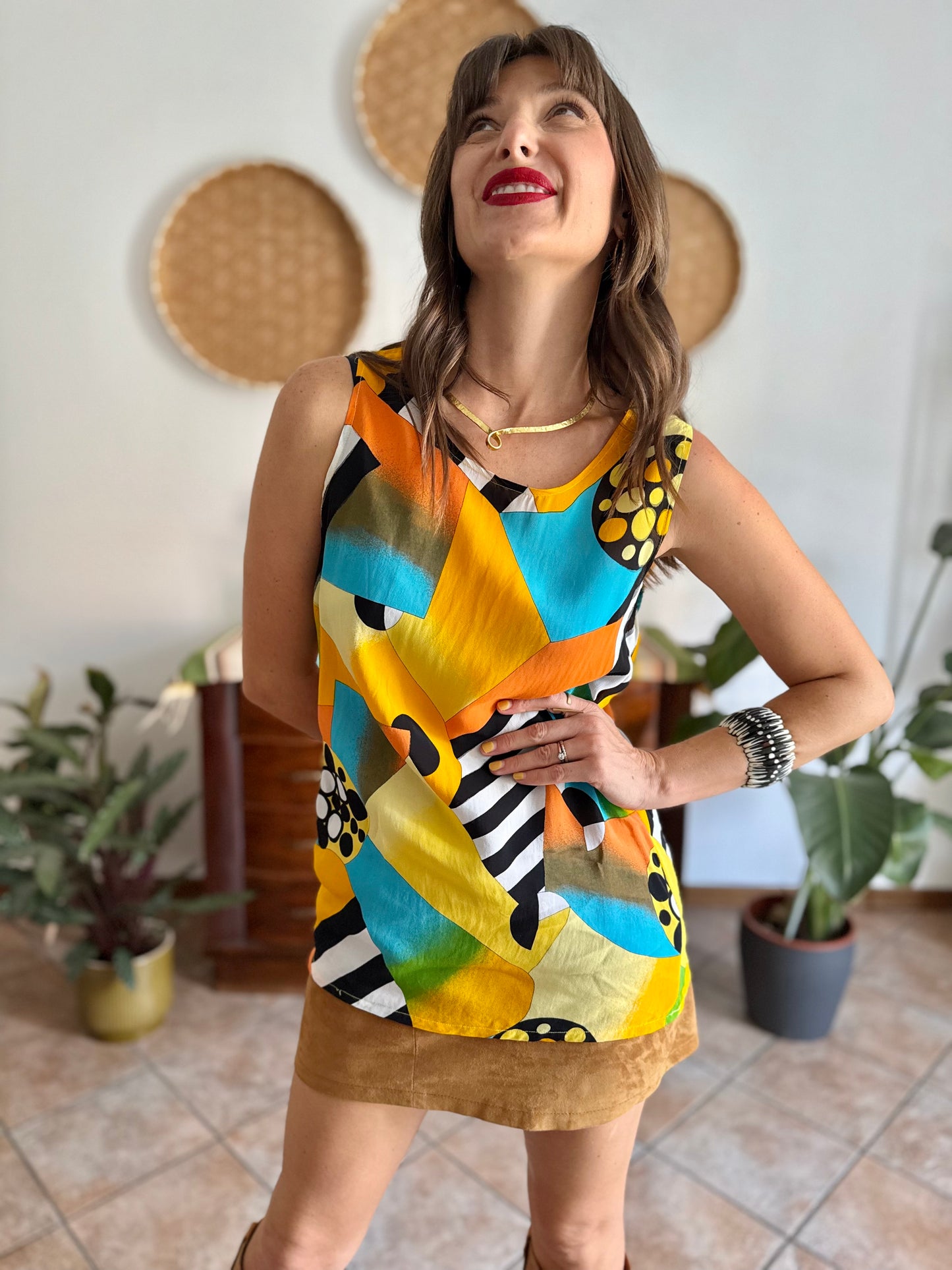 1970's vintage semi sheer yellow, orange and turquoise geometric print blouse
