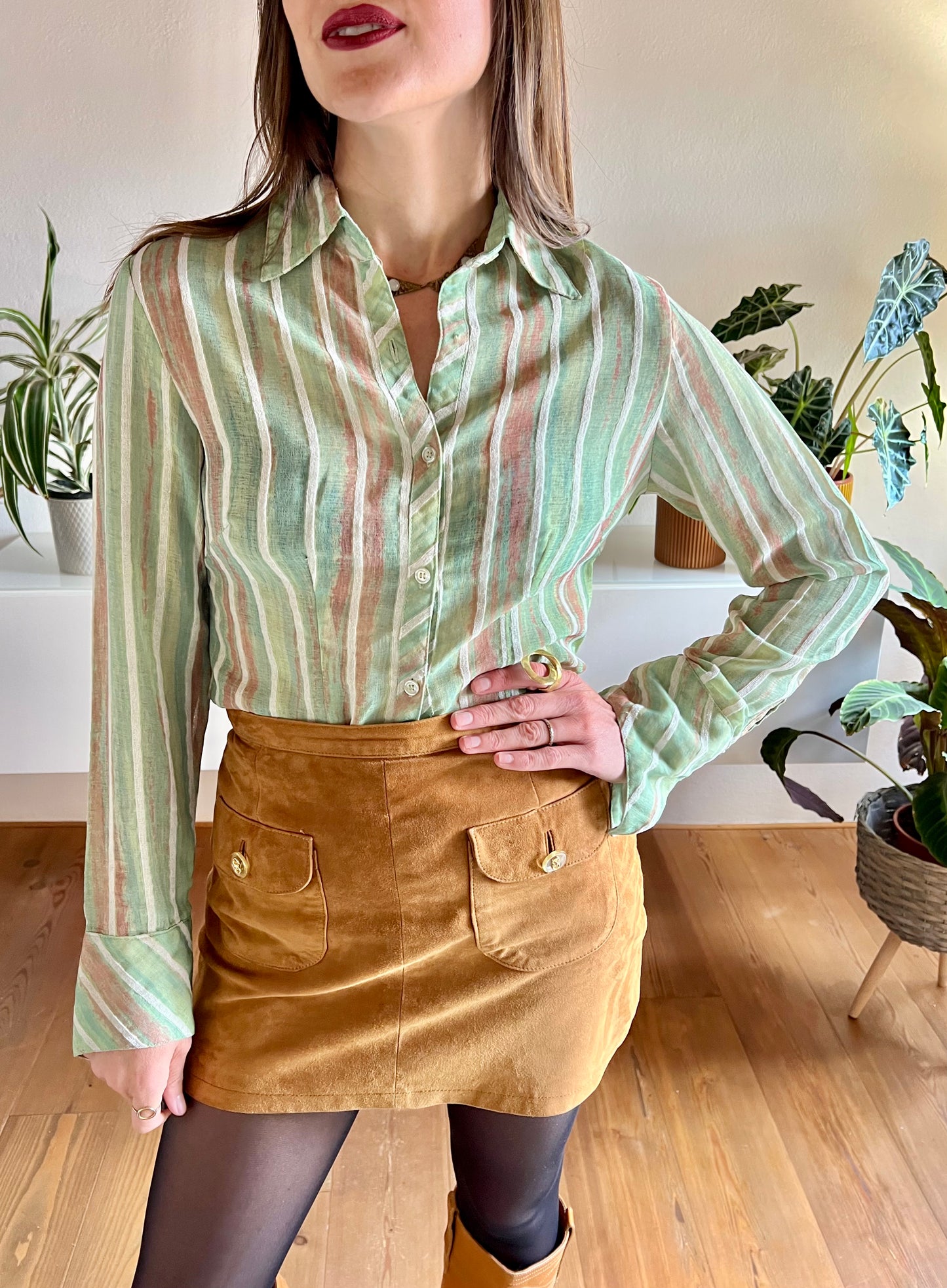 1970's vintage green and tan semi sheer textured stripe blouse