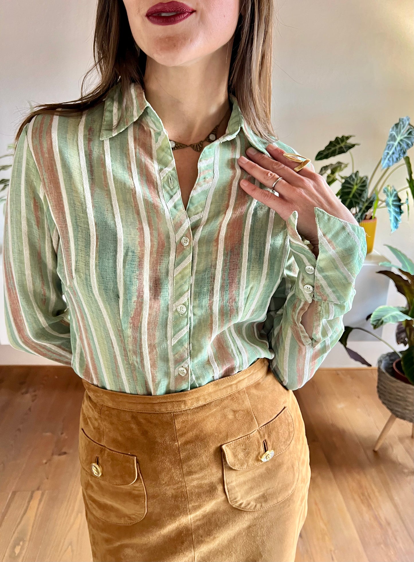 1970's vintage green and tan semi sheer textured stripe blouse