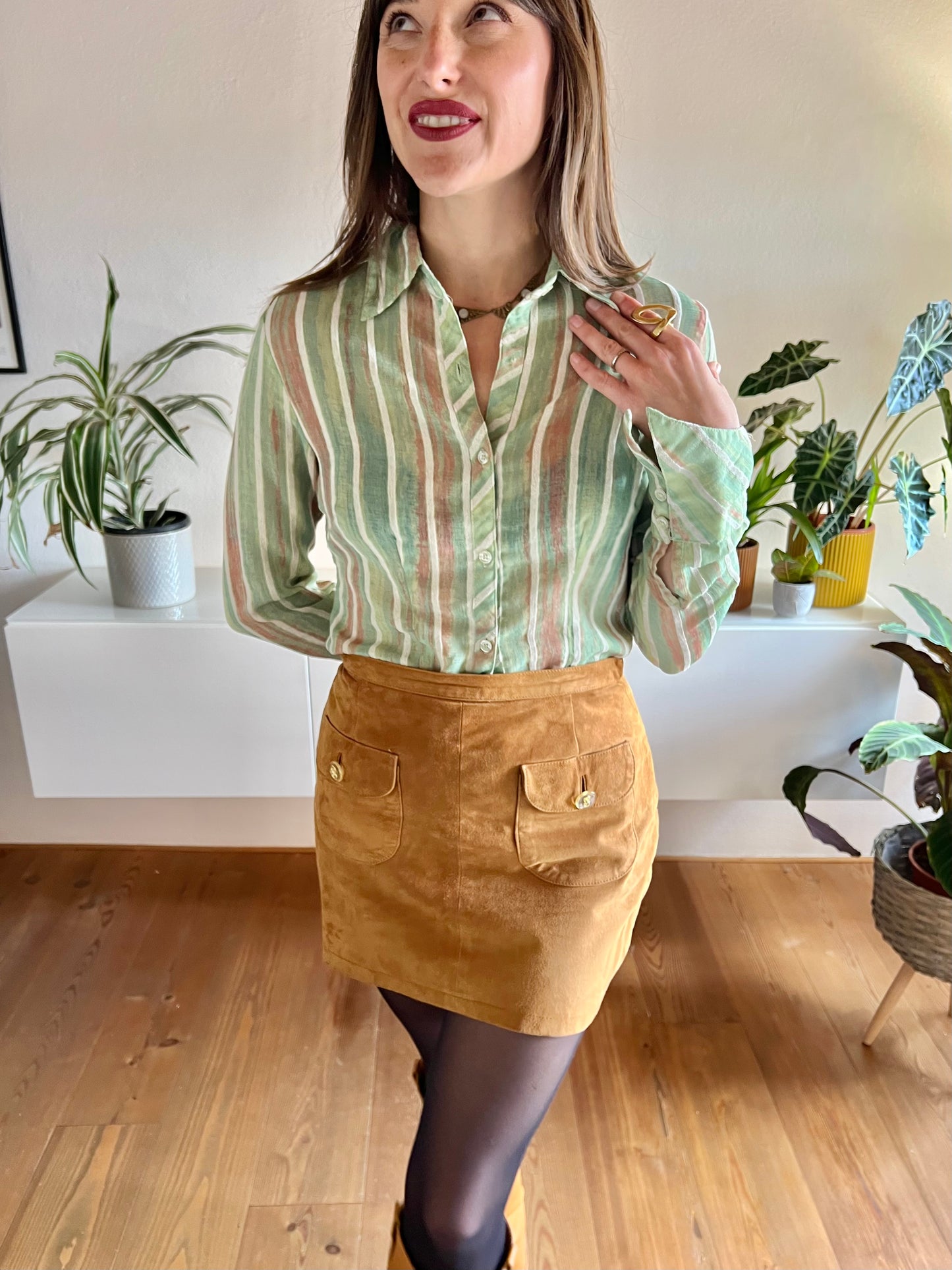 1970's vintage green and tan semi sheer textured stripe blouse