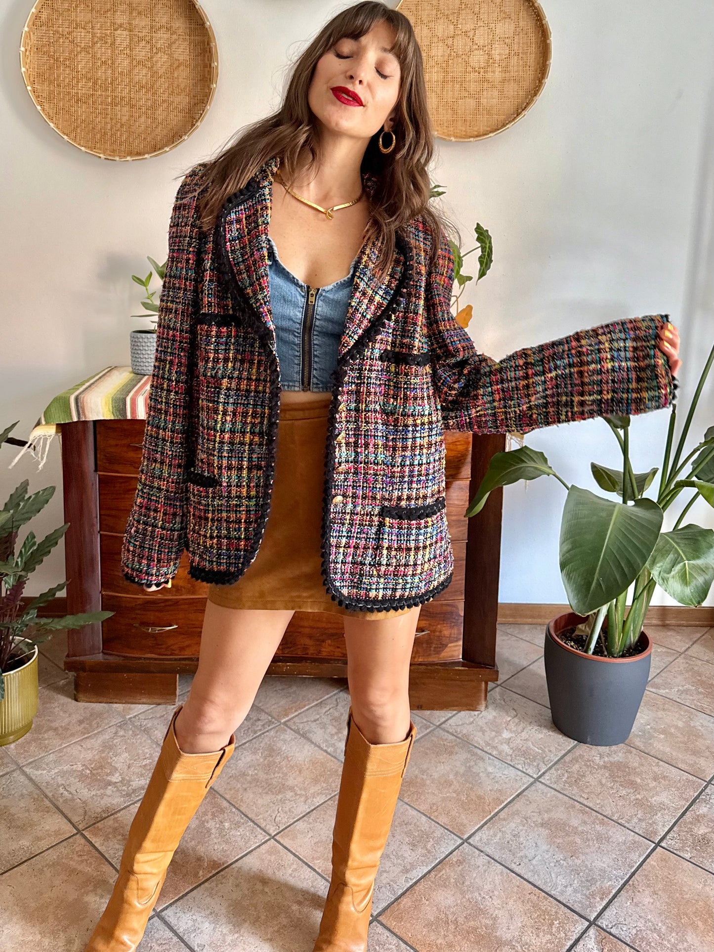 1990's vintage rainbow boucle blazer with black fringe trimming