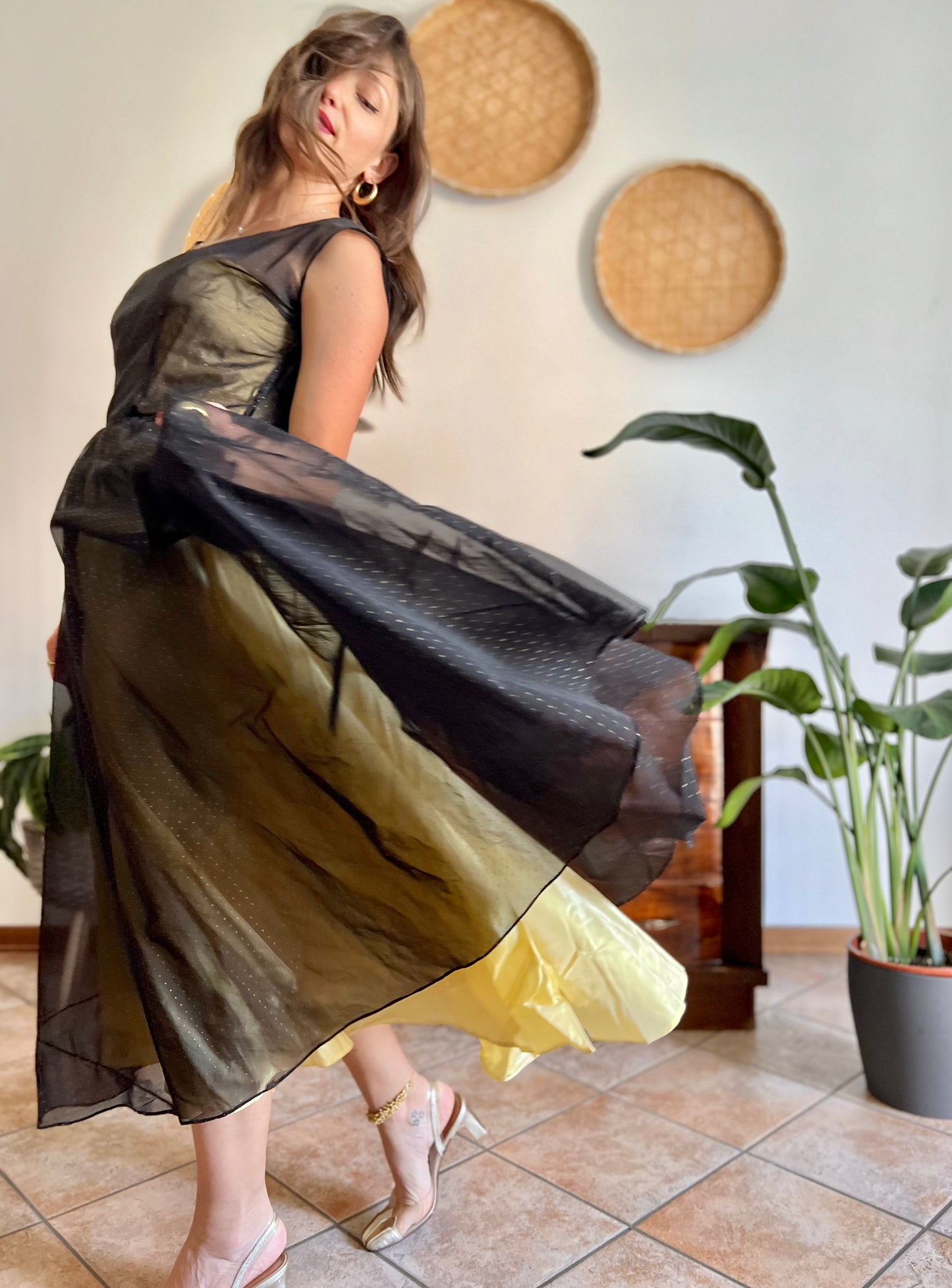 1950's custom made butter yellow and black tulle midi dress