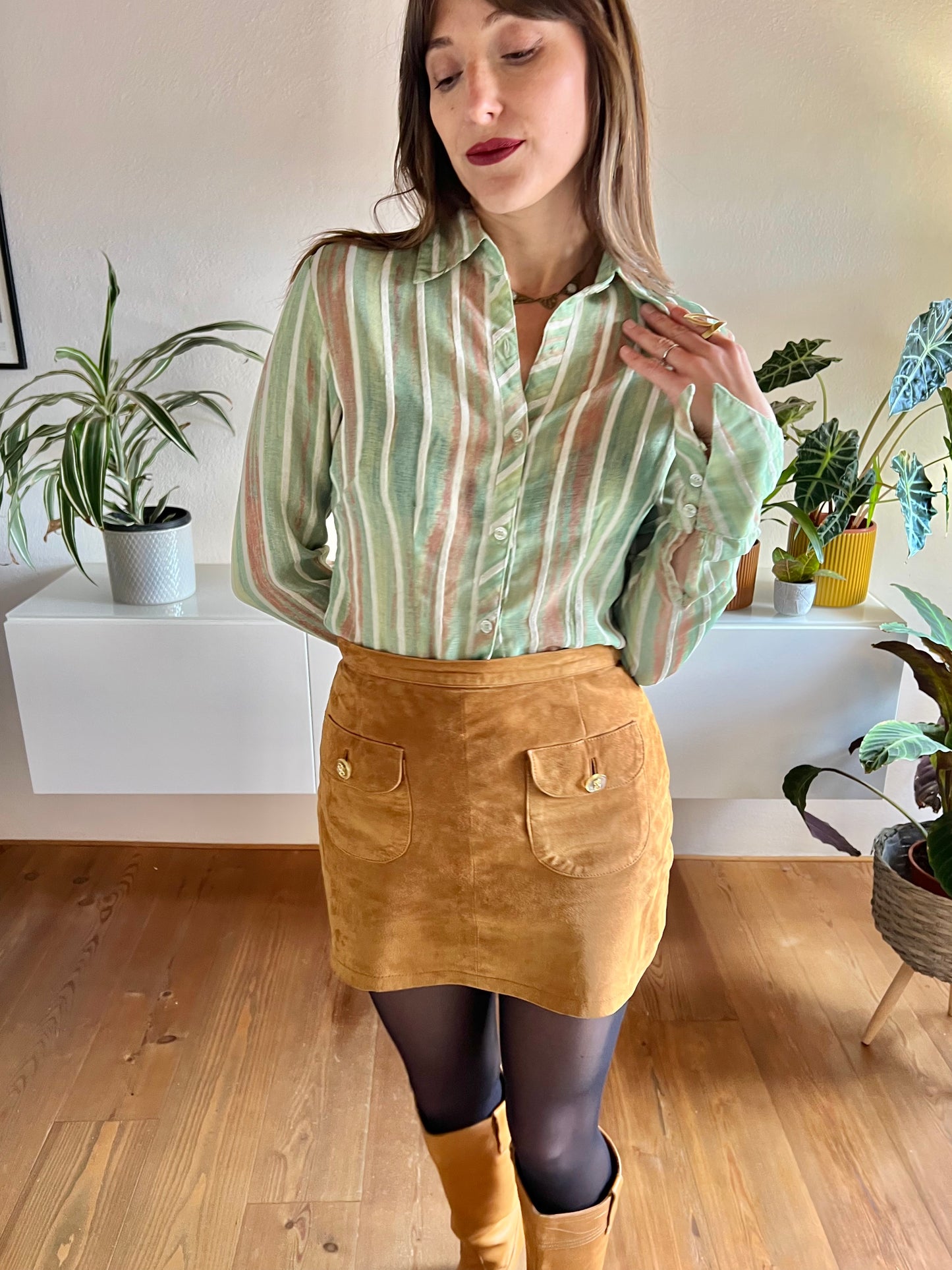 1970's vintage green and tan semi sheer textured stripe blouse