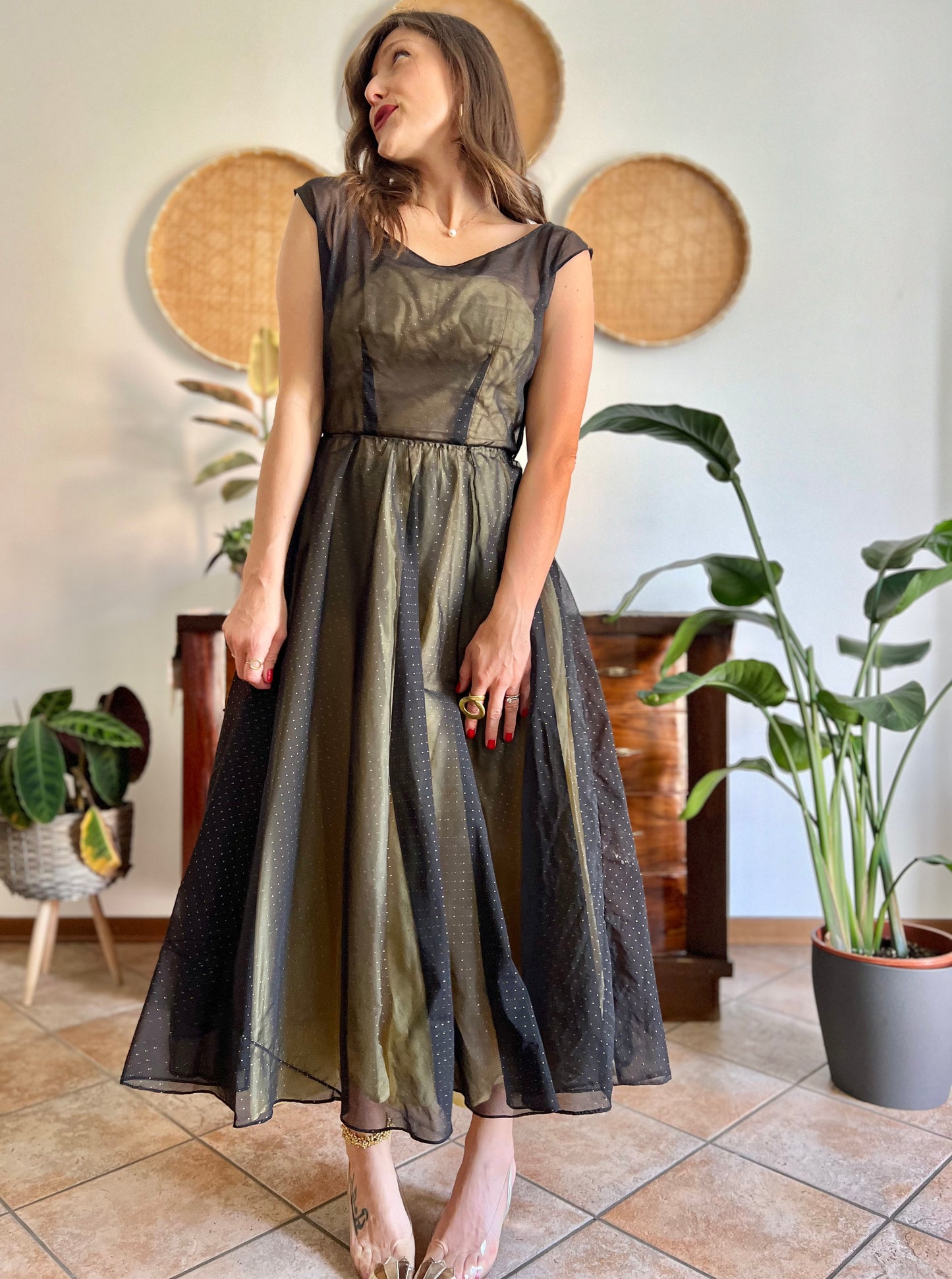 1950's custom made butter yellow and black tulle midi dress