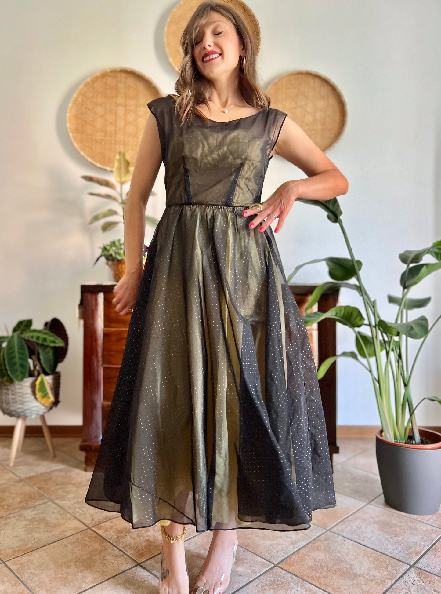 1950's custom made butter yellow and black tulle midi dress