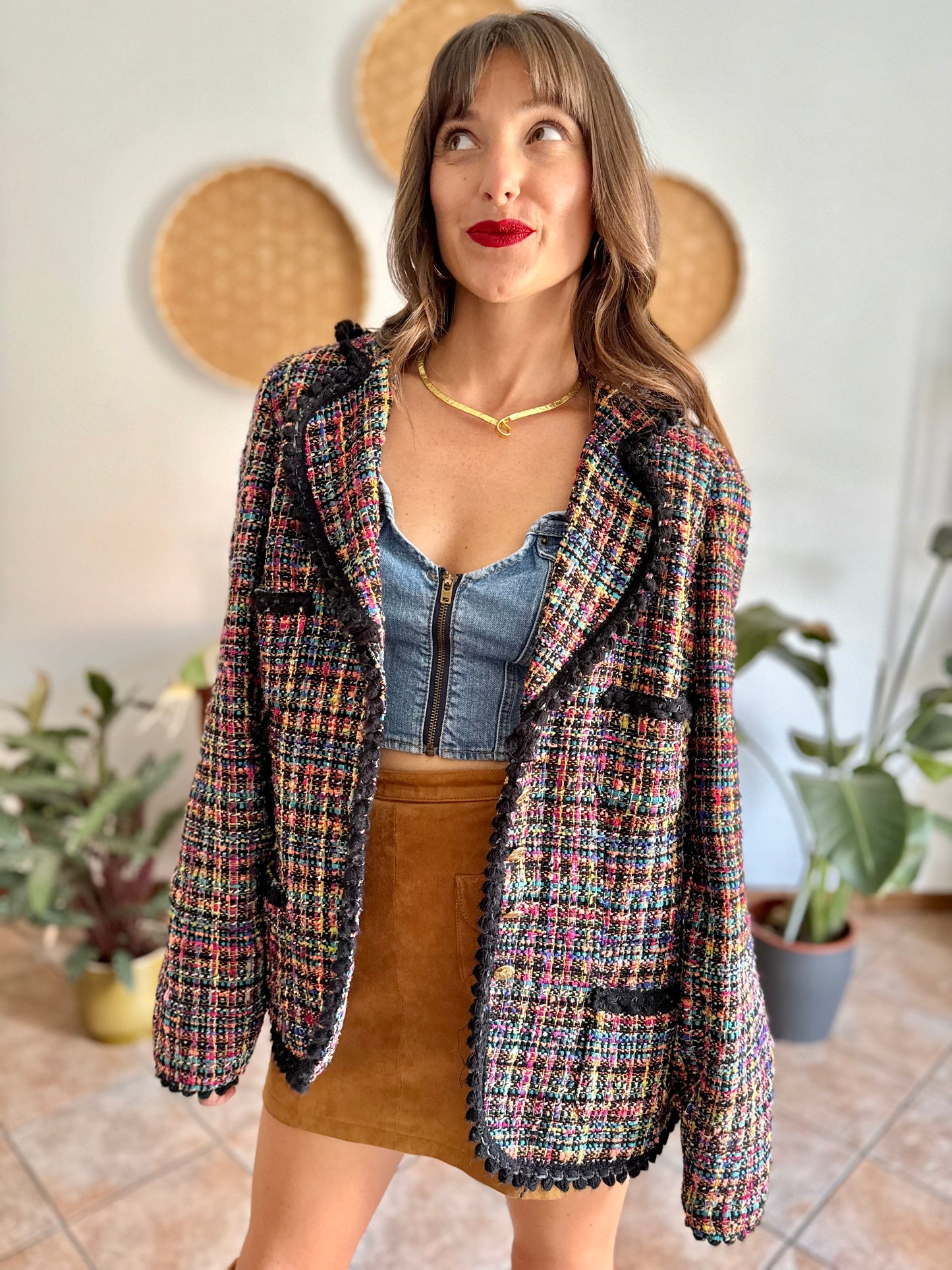 1990's vintage rainbow boucle blazer with black fringe trimming