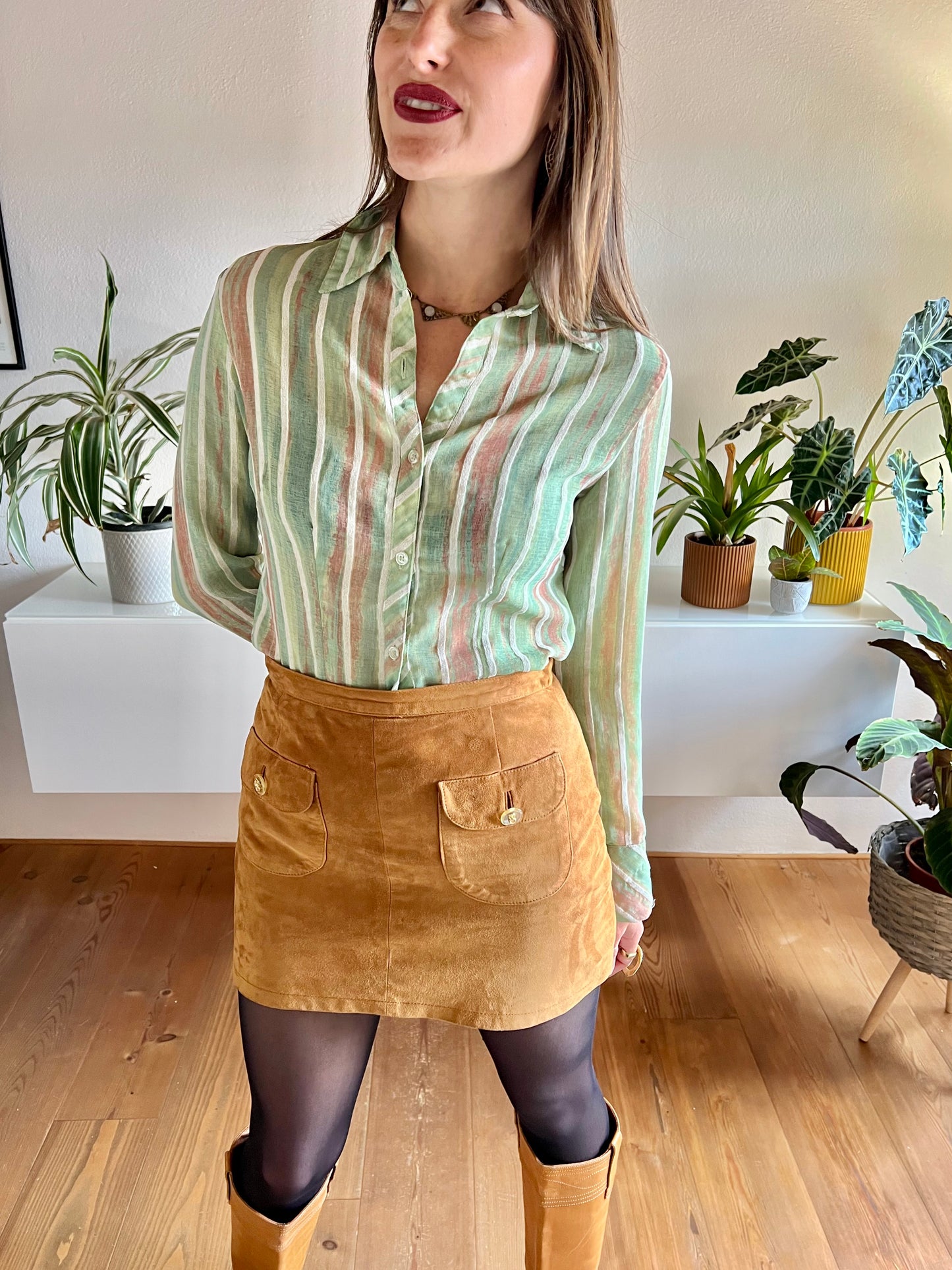 1970's vintage green and tan semi sheer textured stripe blouse