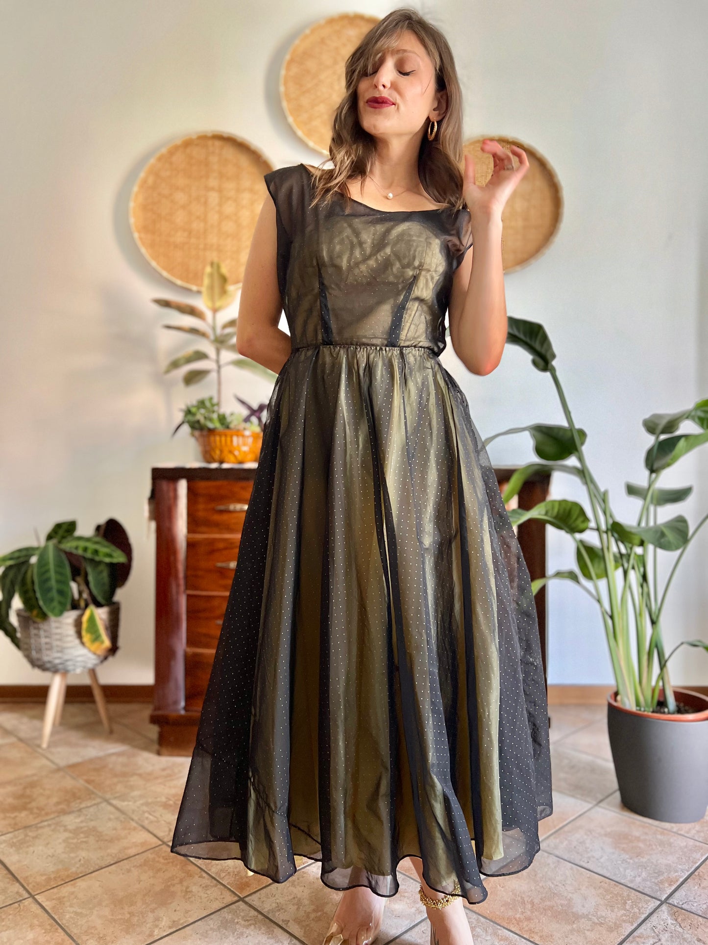 1950's custom made butter yellow and black tulle midi dress