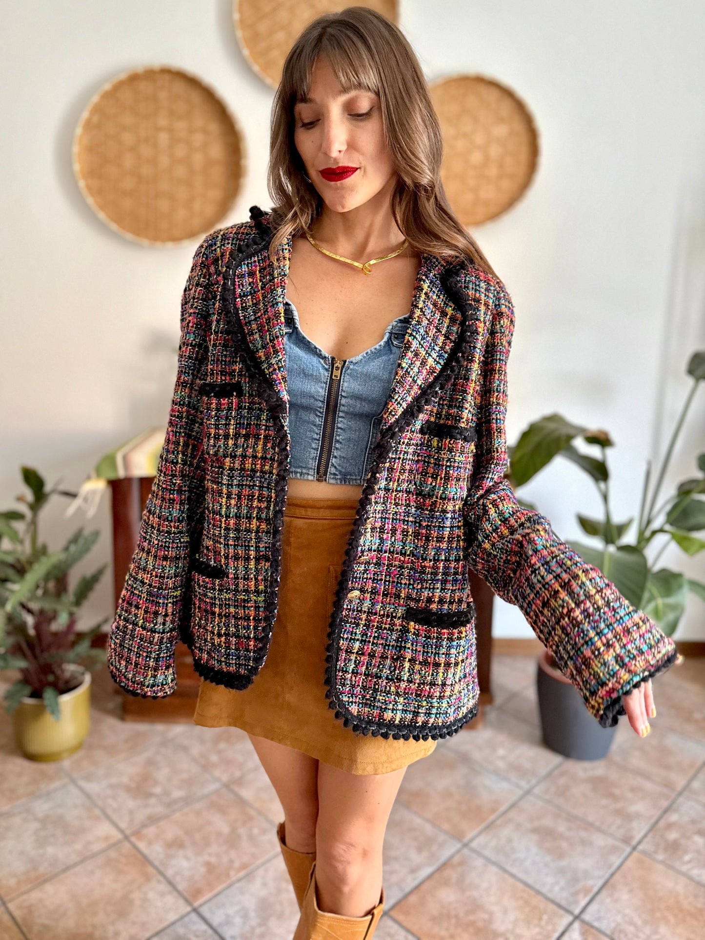 1990's vintage rainbow boucle blazer with black fringe trimming