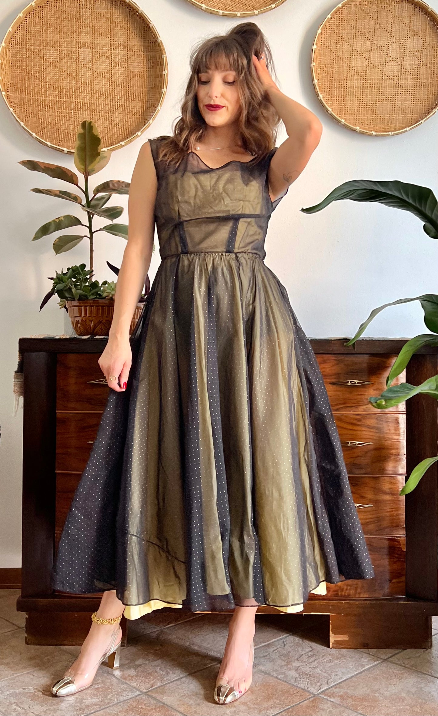 1950's custom made butter yellow and black tulle midi dress