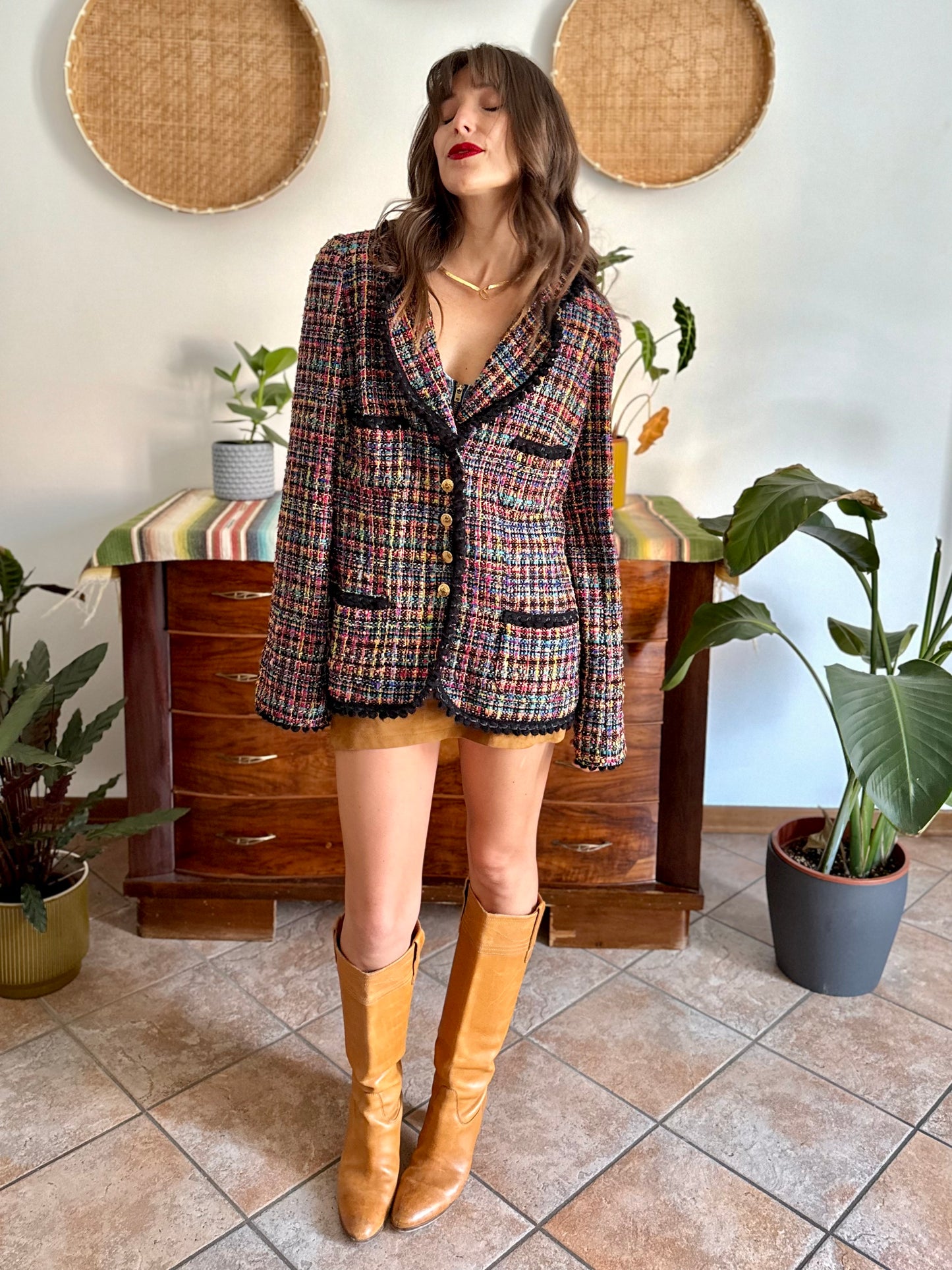 1990's vintage rainbow boucle blazer with black fringe trimming