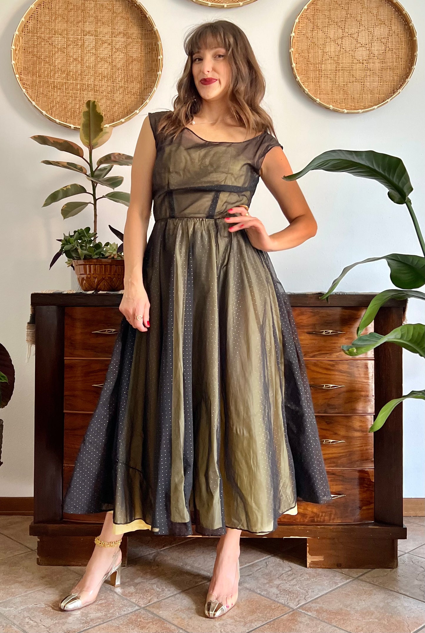 1950's custom made butter yellow and black tulle midi dress