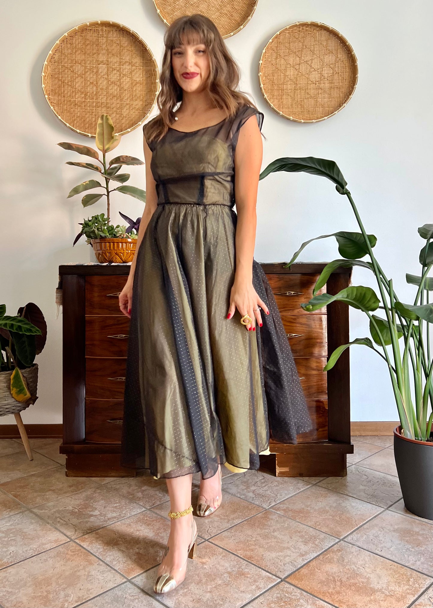 1950's custom made butter yellow and black tulle midi dress