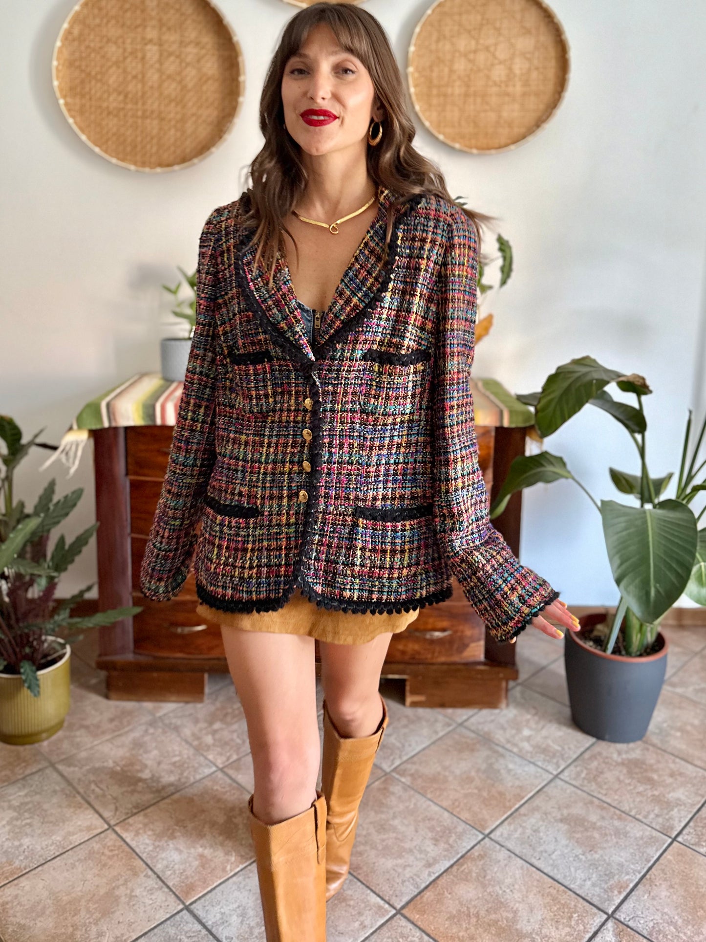 1990's vintage rainbow boucle blazer with black fringe trimming