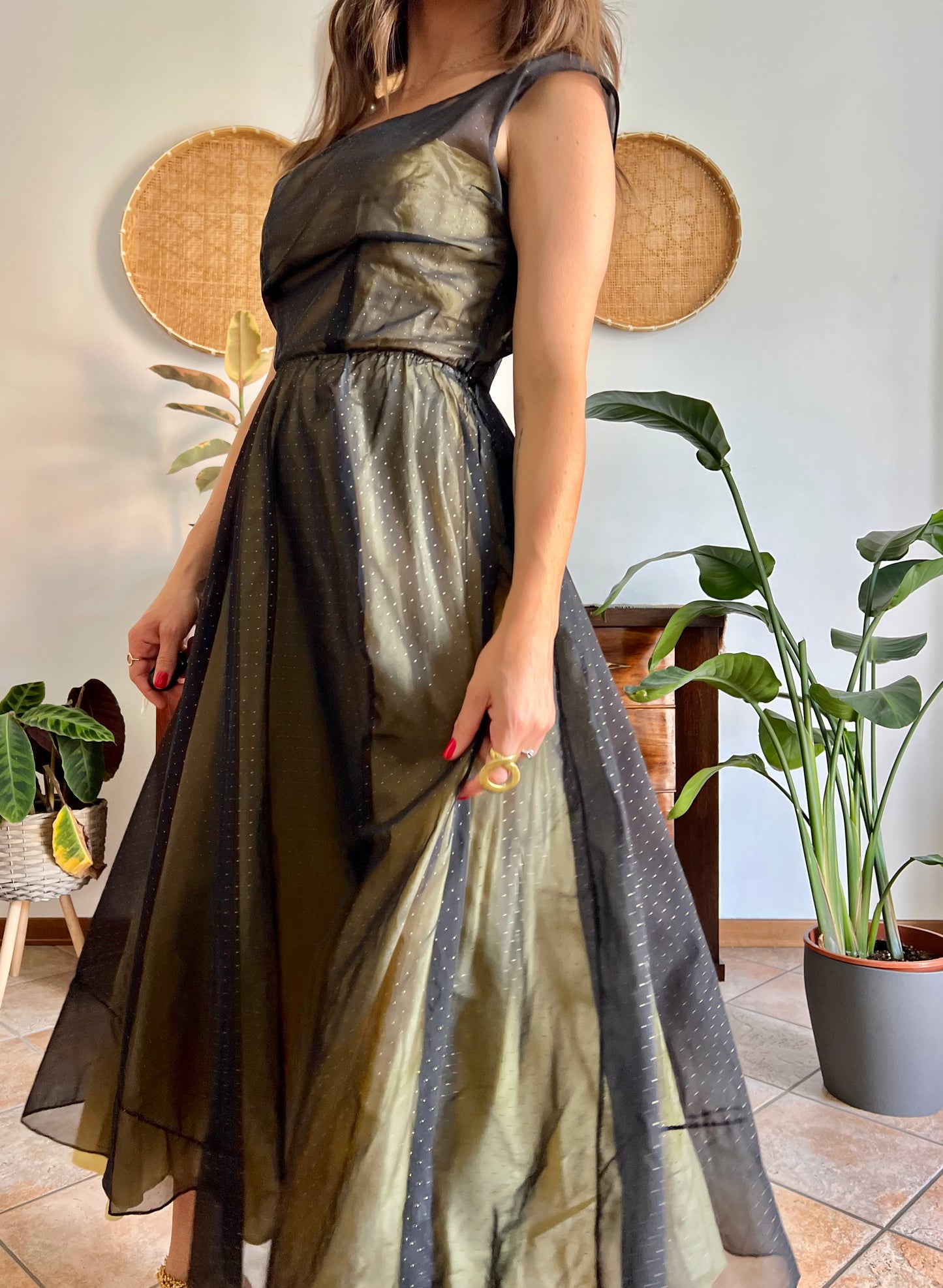 1950's custom made butter yellow and black tulle midi dress