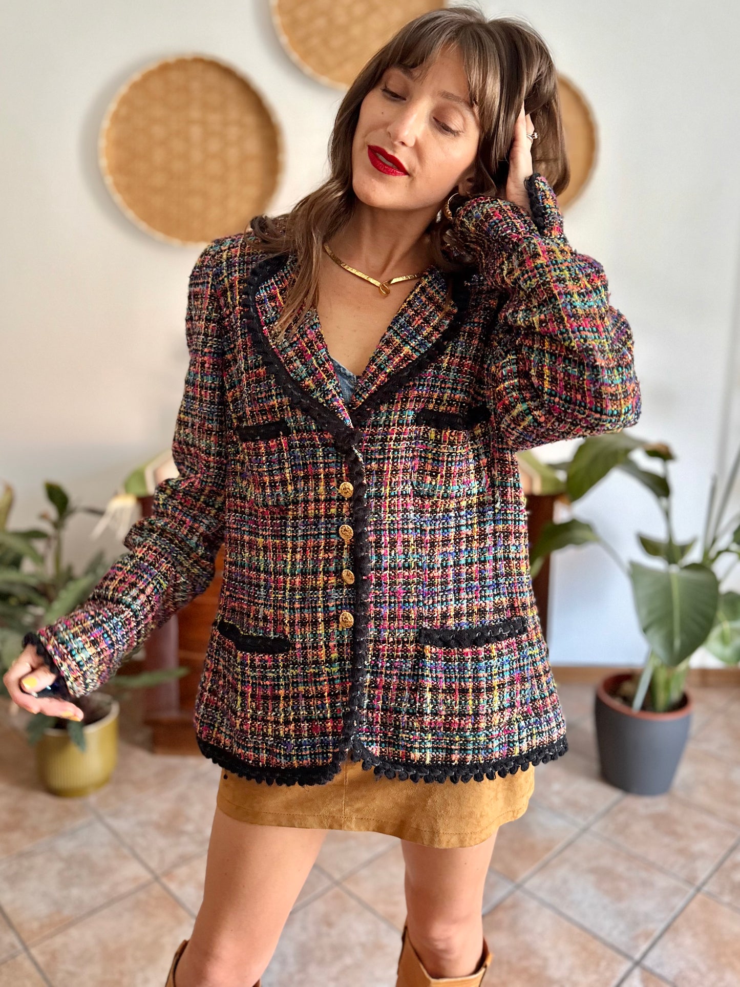 1990's vintage rainbow boucle blazer with black fringe trimming