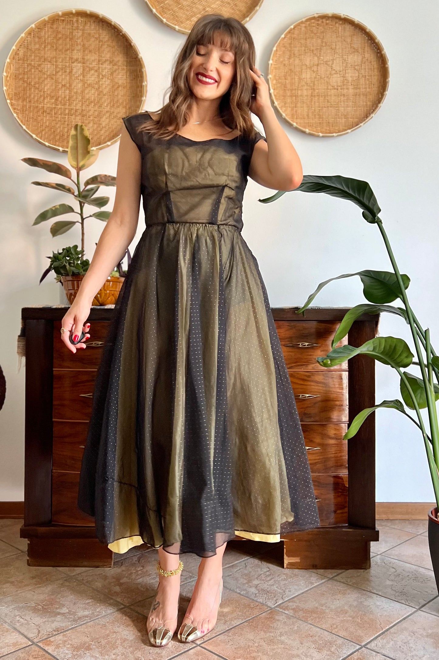 1950's custom made butter yellow and black tulle midi dress
