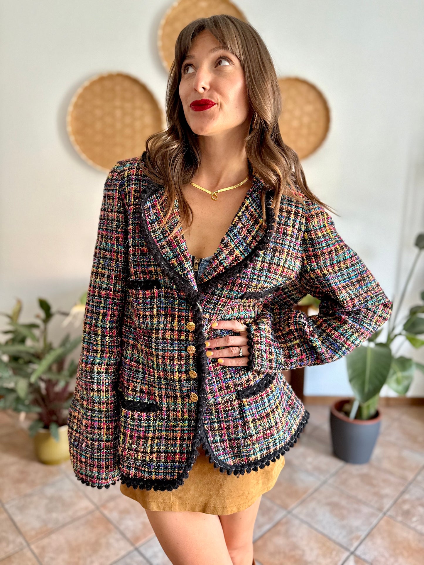 1990's vintage rainbow boucle blazer with black fringe trimming