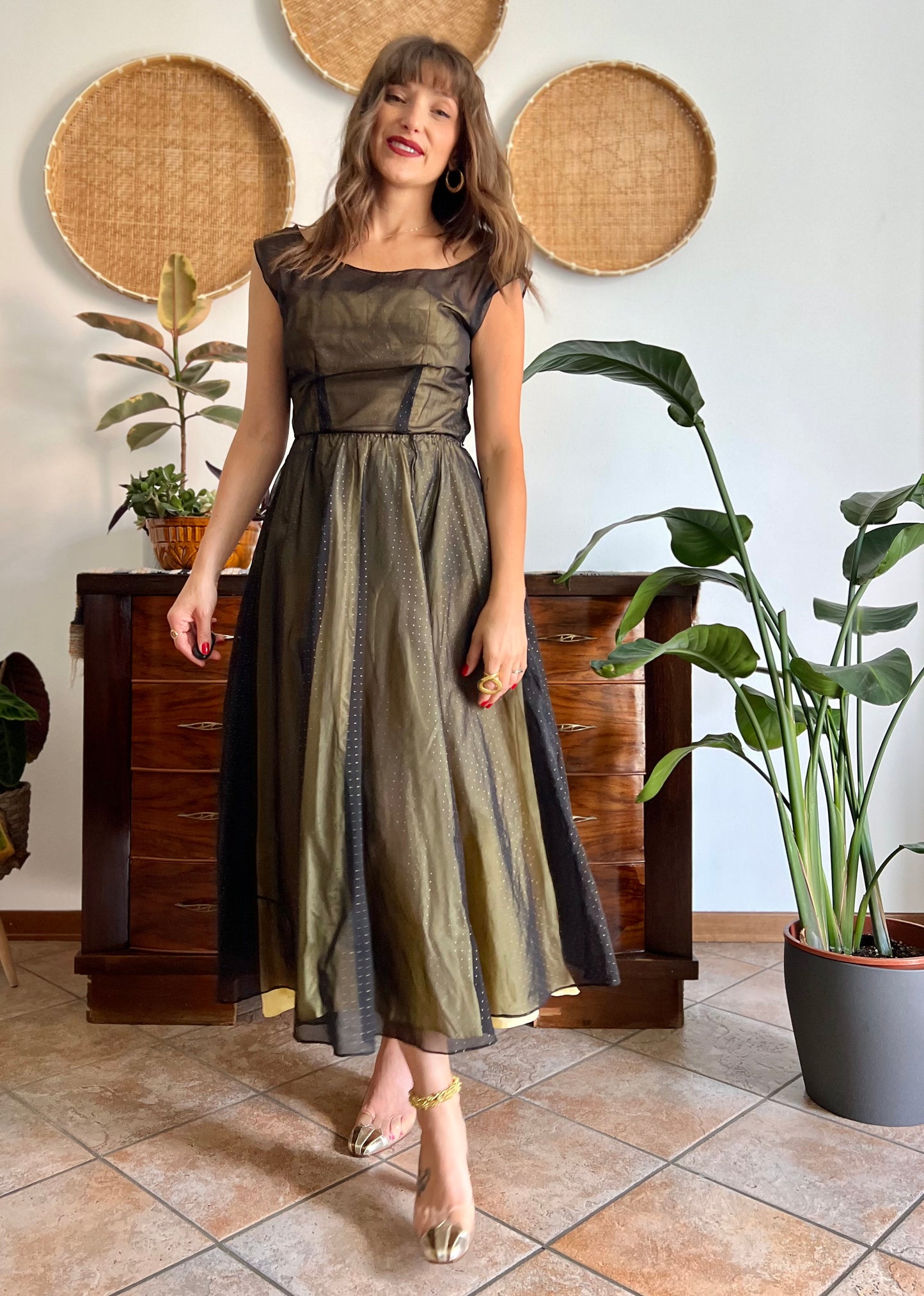 1950's custom made butter yellow and black tulle midi dress