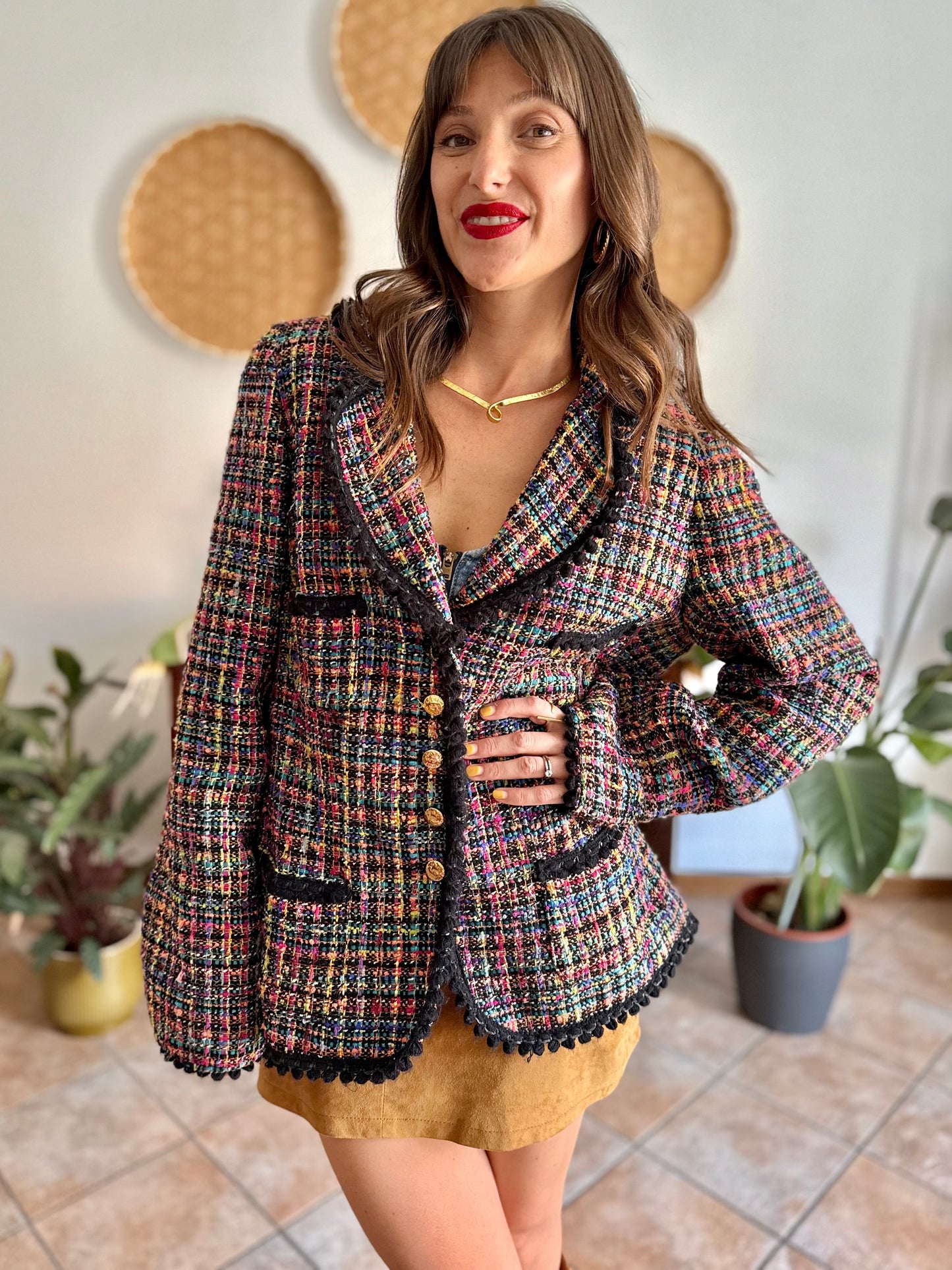 1990's vintage rainbow boucle blazer with black fringe trimming