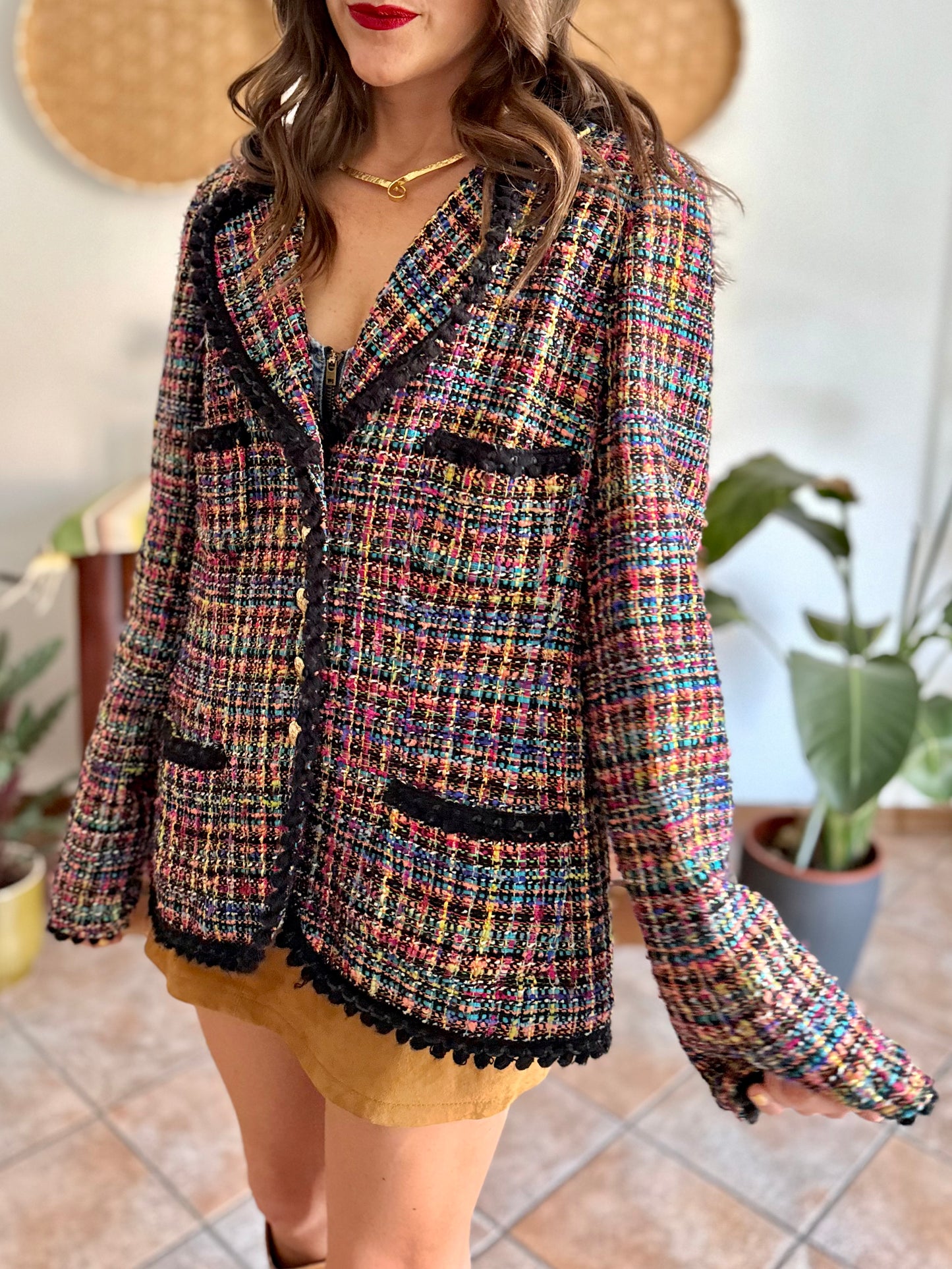 1990's vintage rainbow boucle blazer with black fringe trimming