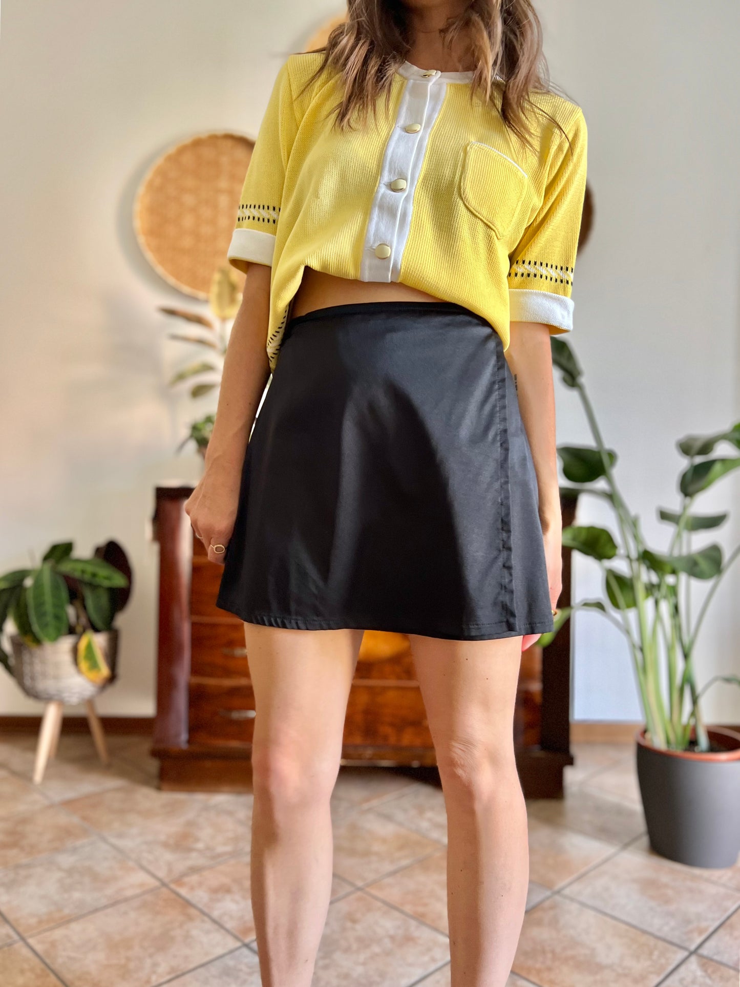1990's vintage black satin mini wrap skirt
