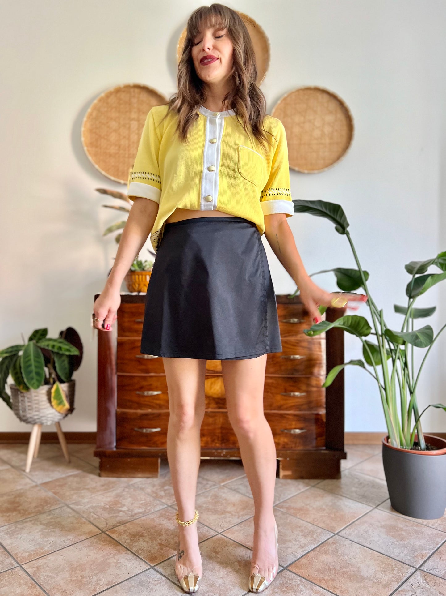1990's vintage black satin mini wrap skirt