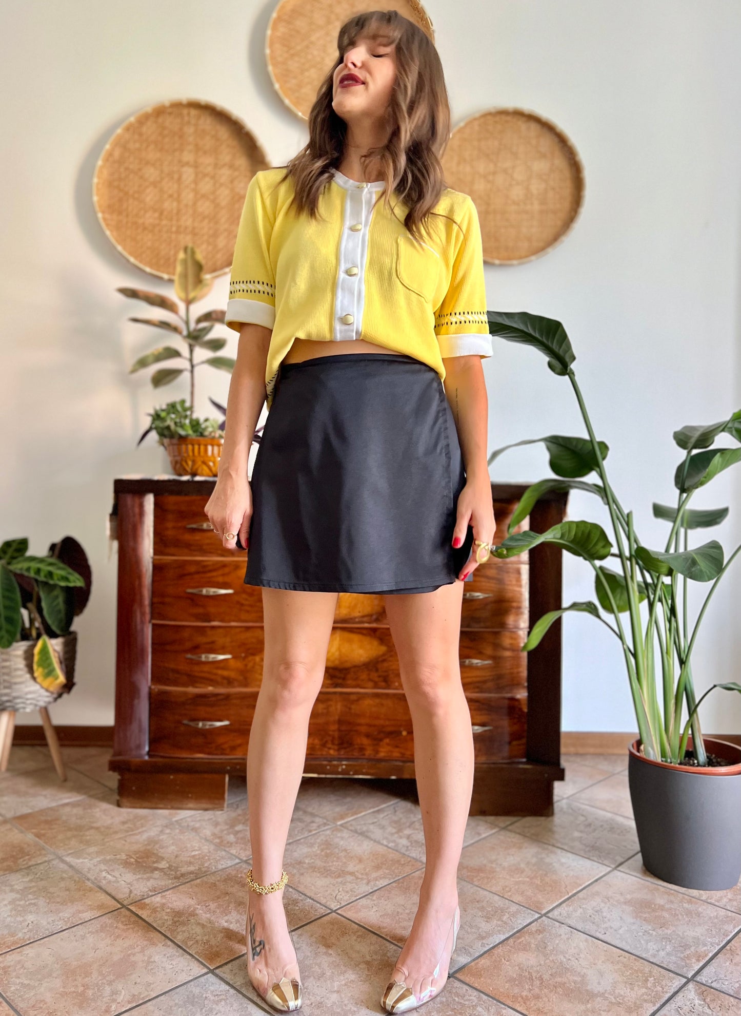 1990's vintage black satin mini wrap skirt