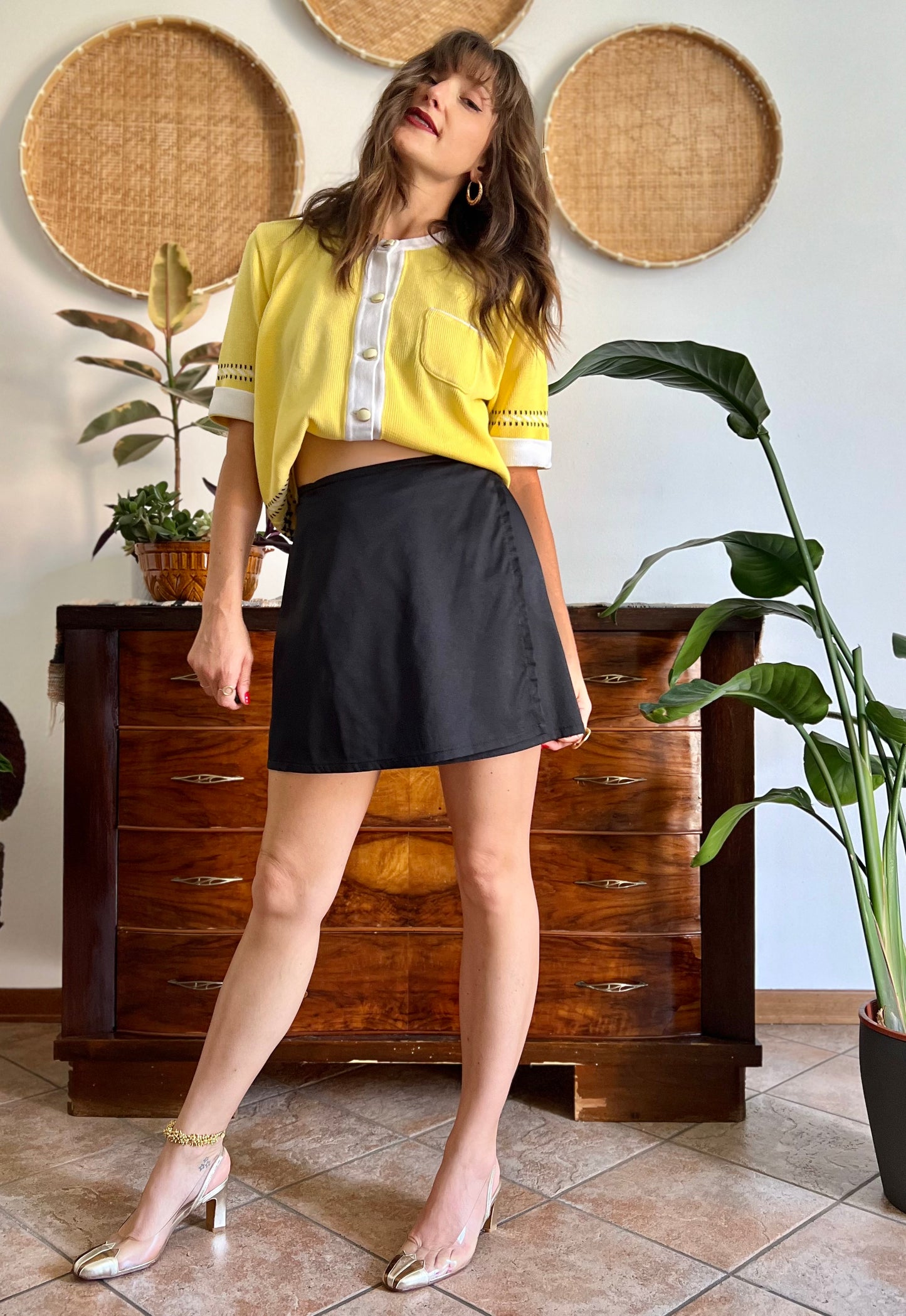 1990's vintage black satin mini wrap skirt