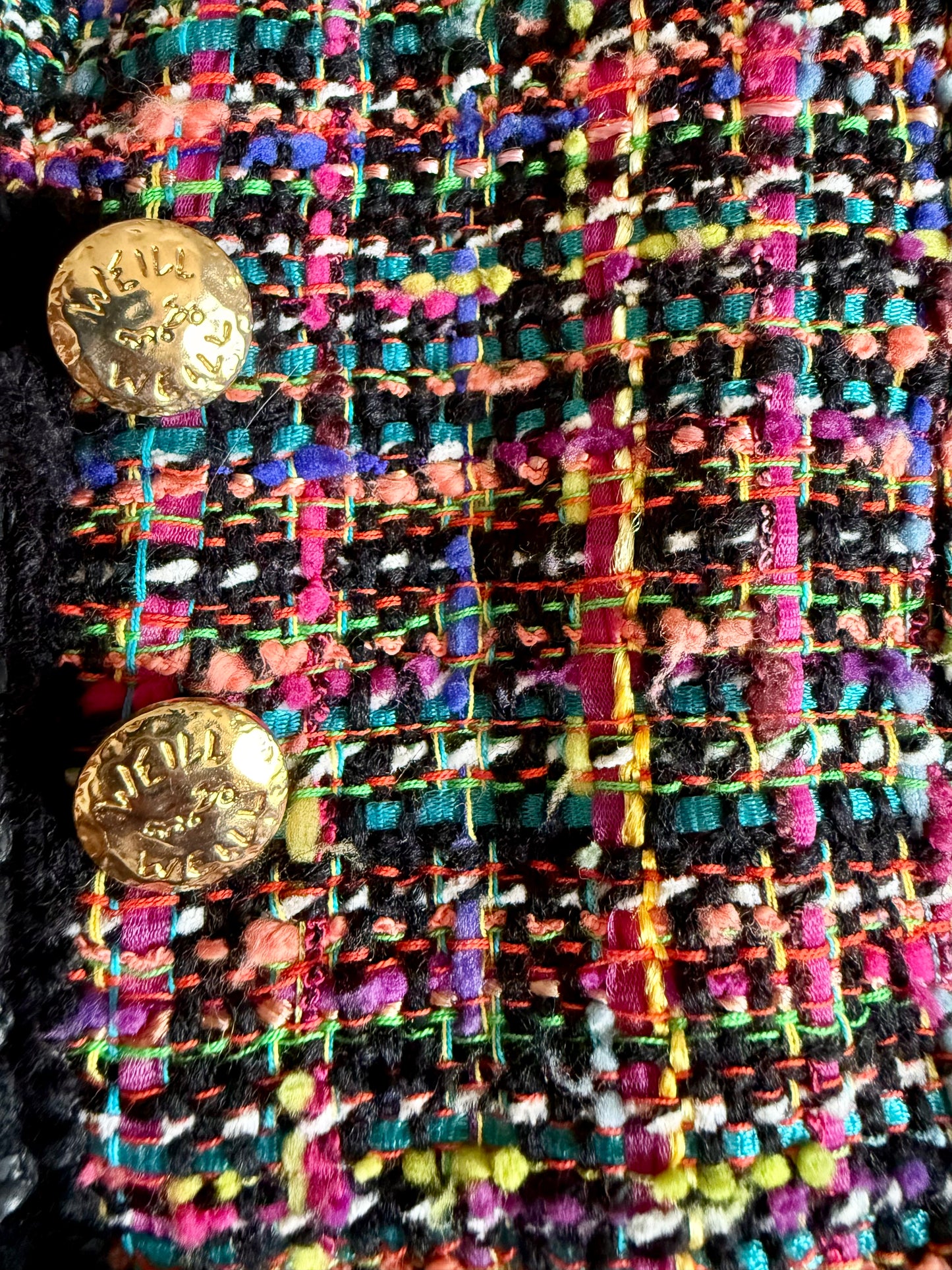 1990's vintage rainbow boucle blazer with black fringe trimming