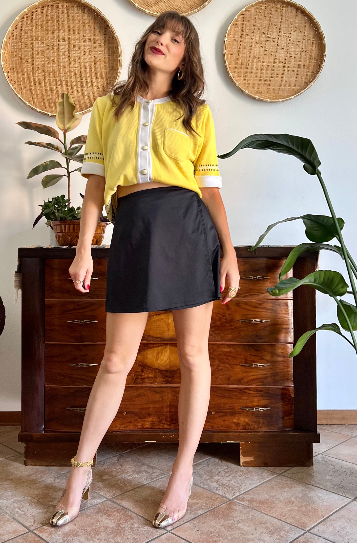 1990's vintage black satin mini wrap skirt