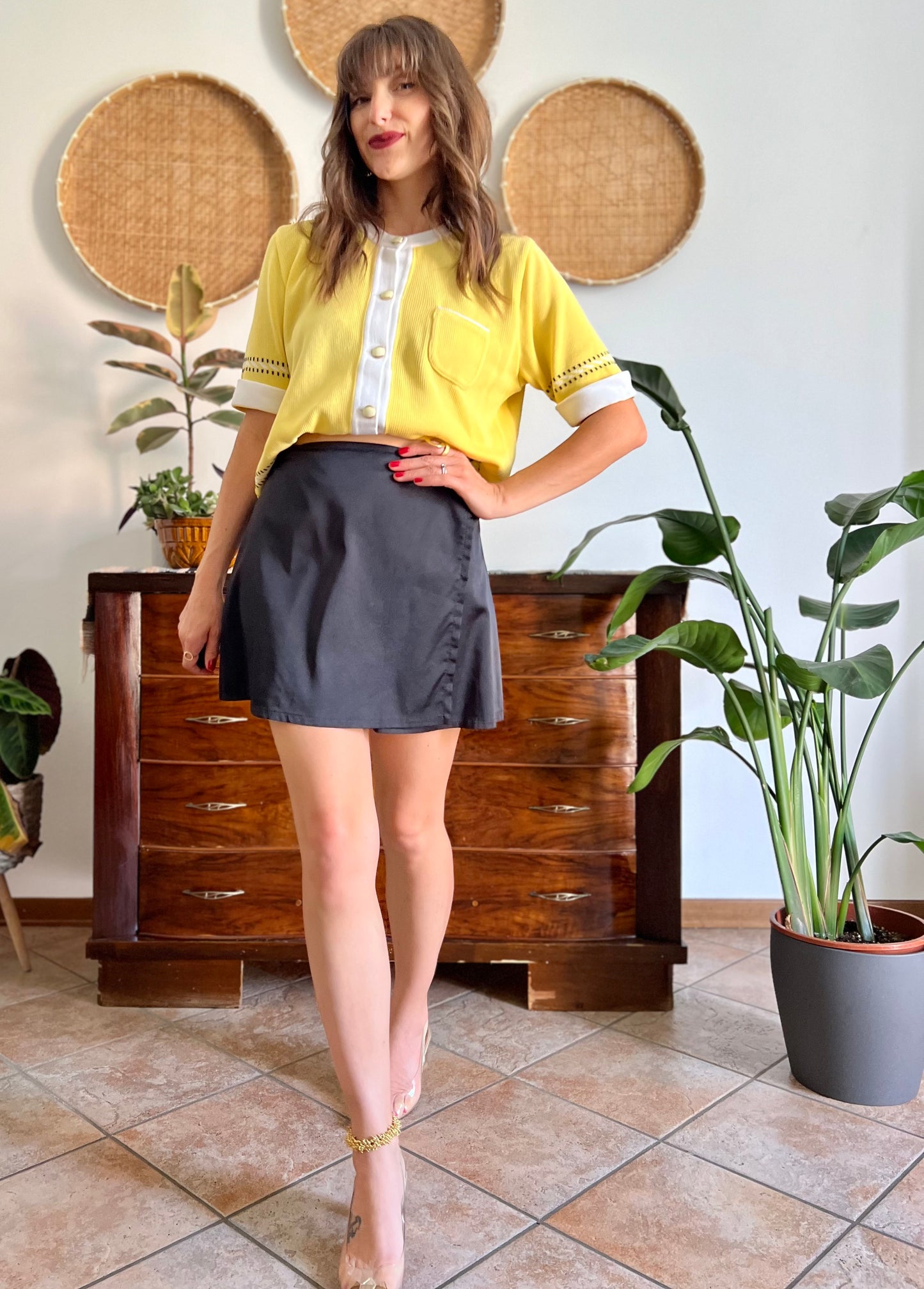 1990's vintage black satin mini wrap skirt