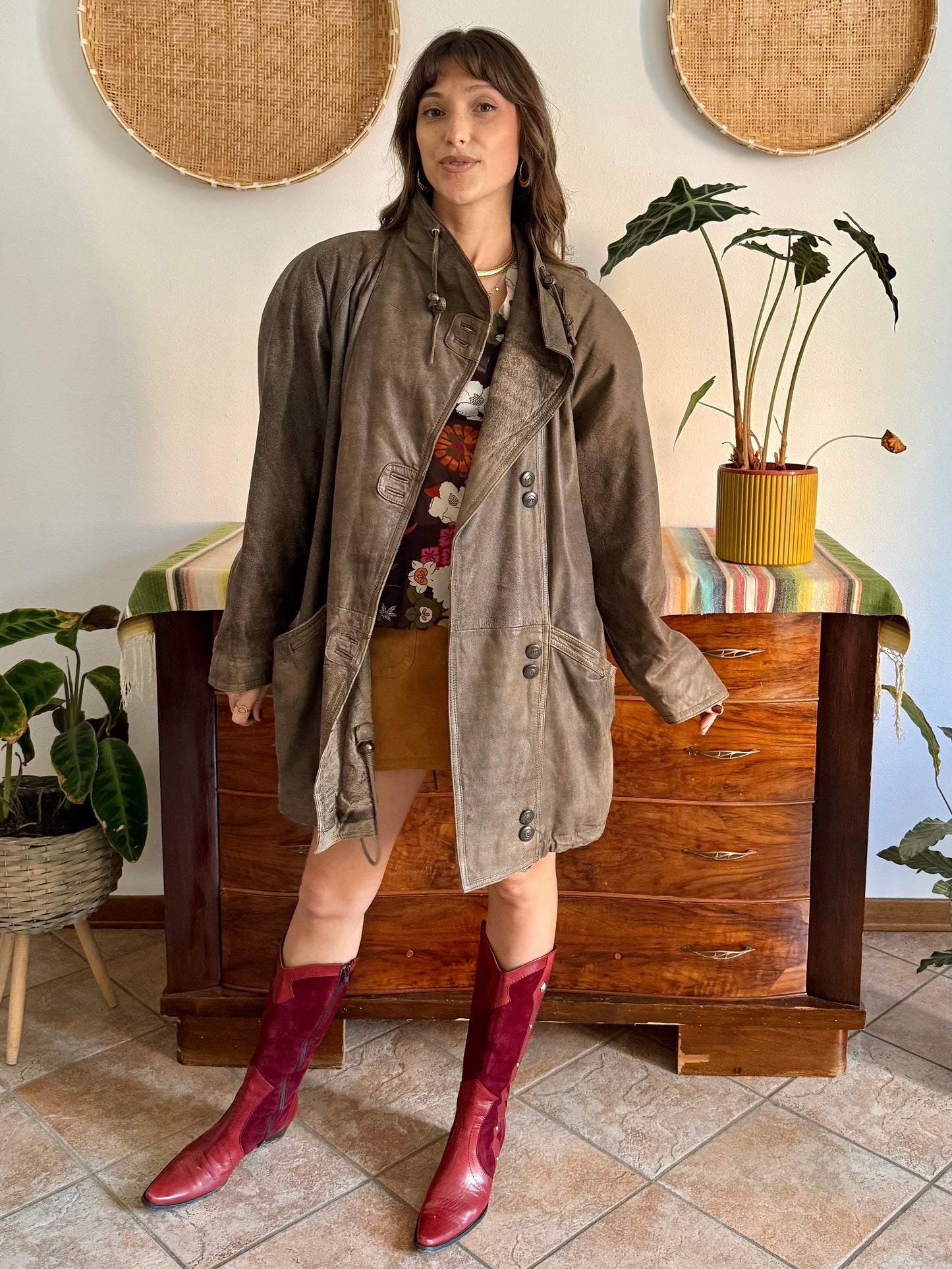 1980's vintage oversize brown leather coat with asymmetrical button closure