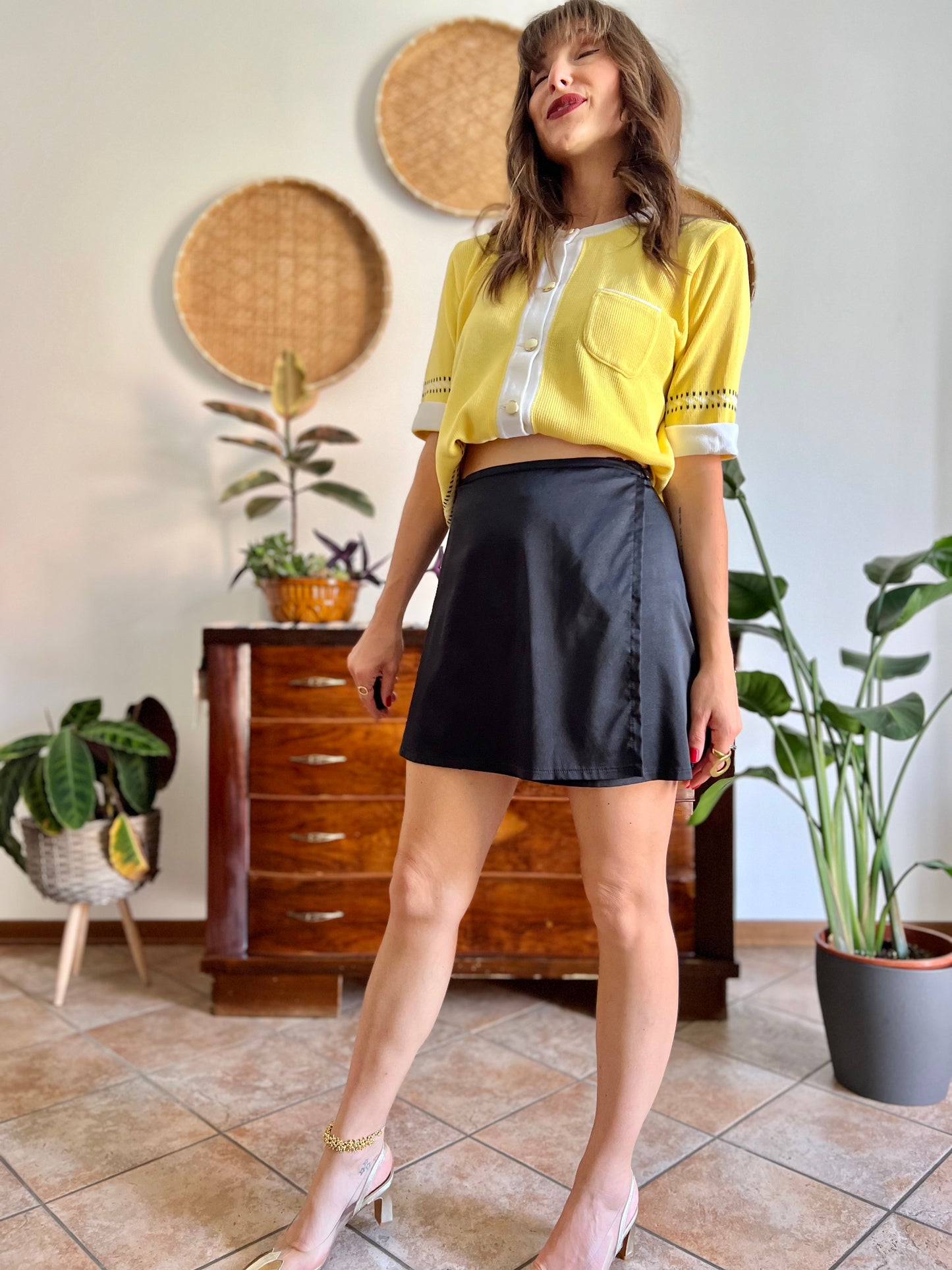 1990's vintage black satin mini wrap skirt